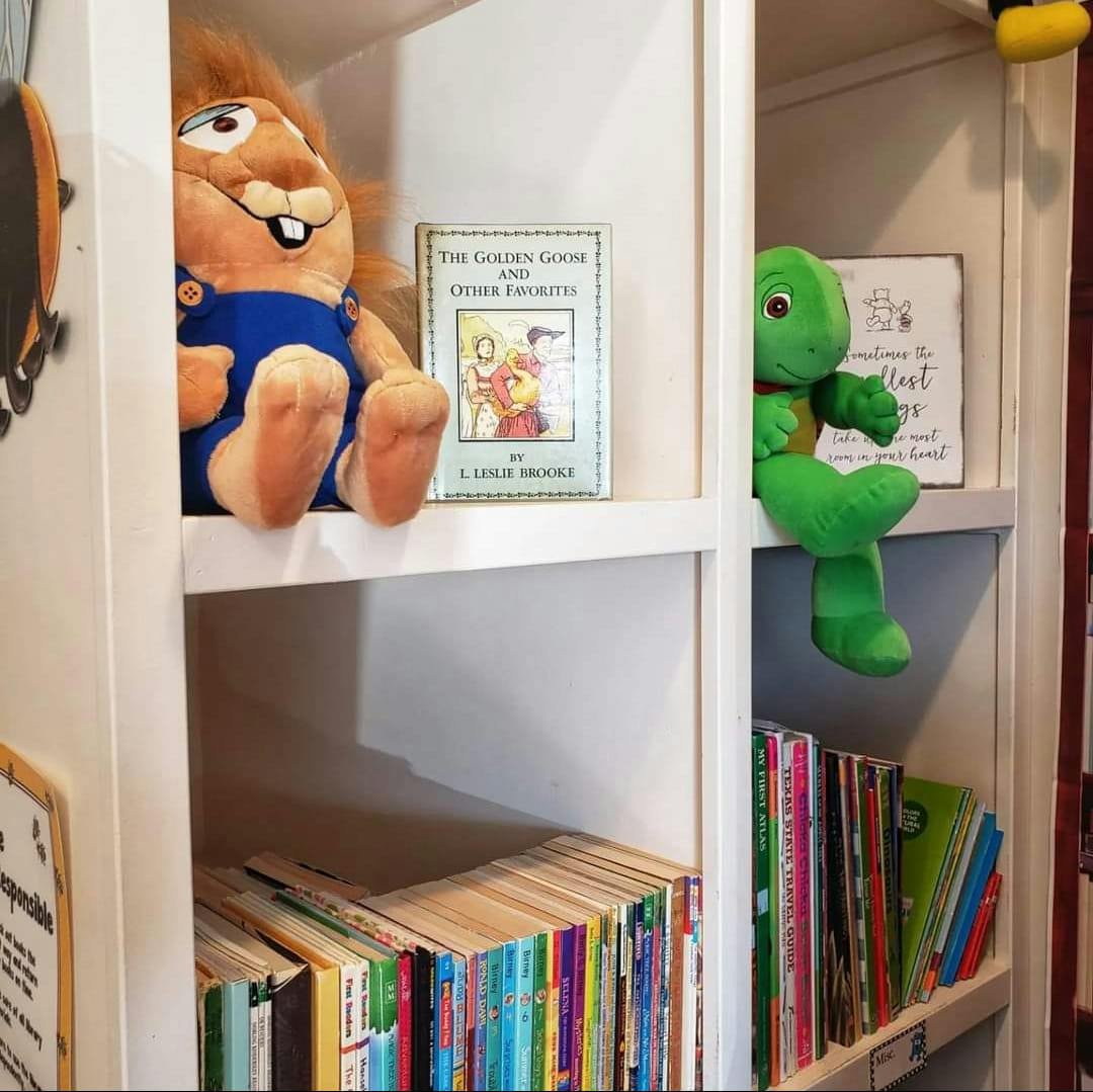 Stuffed animals and books on white shelves