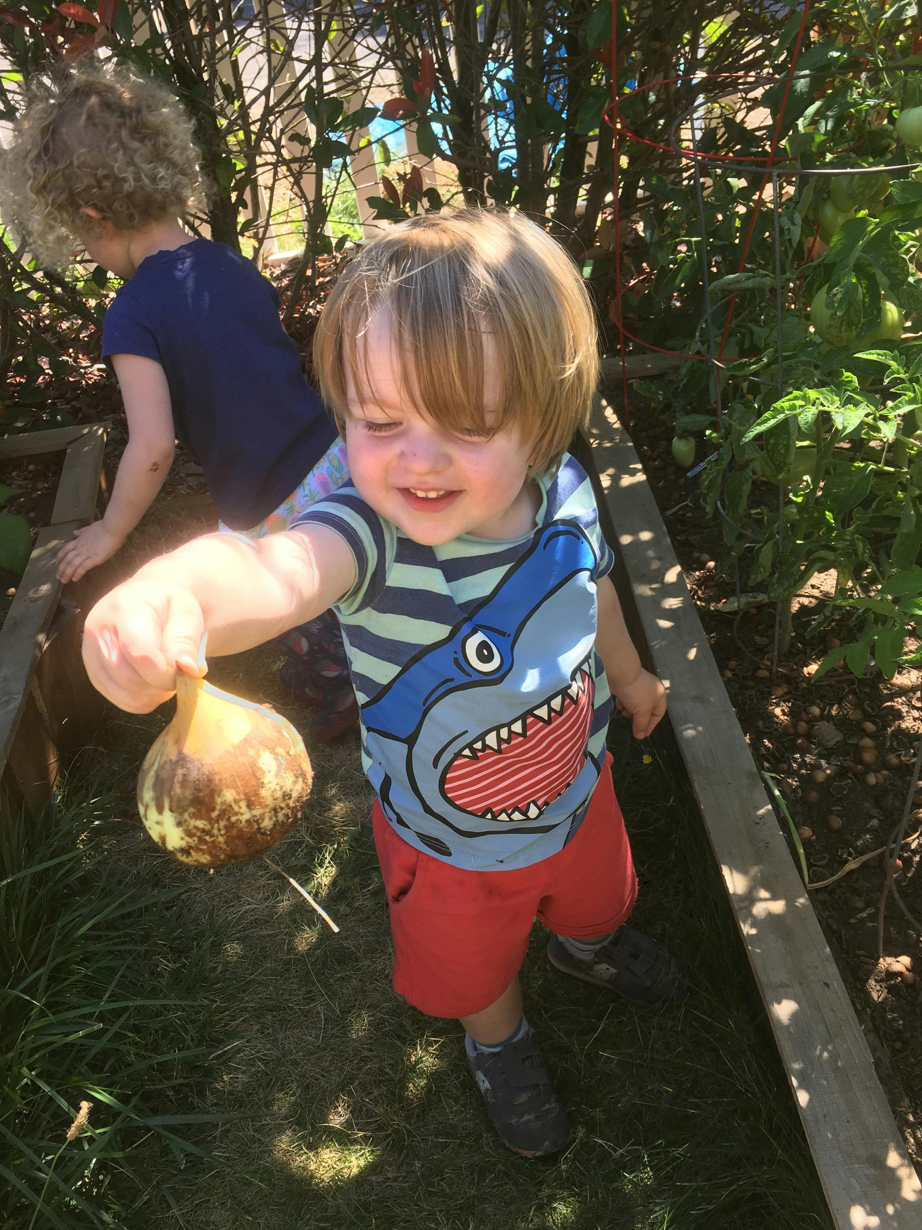 Child holding a gourd in a garden