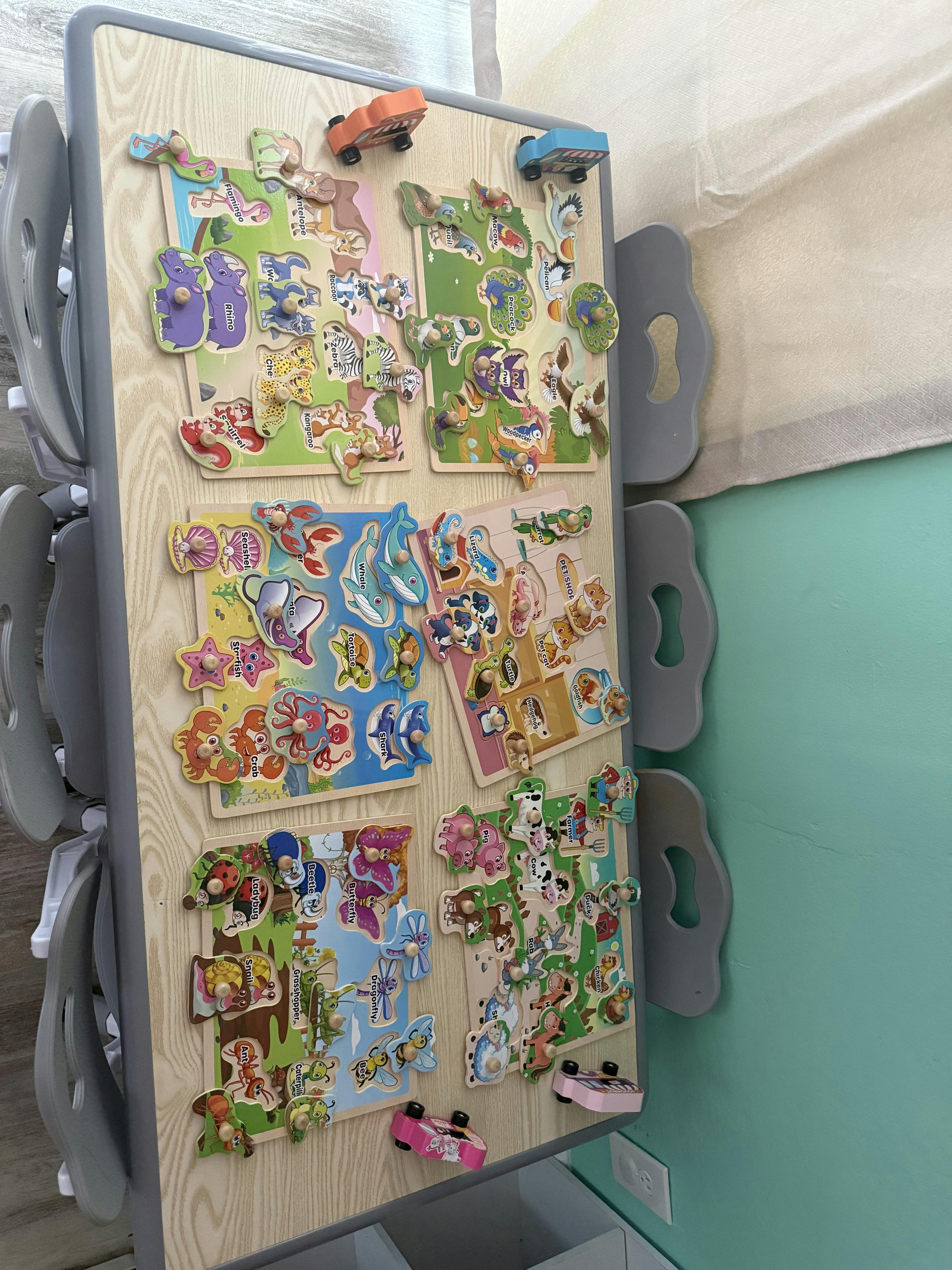 Wooden animal puzzles arranged on a children's table
