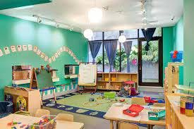 empty classroom with play area and tables