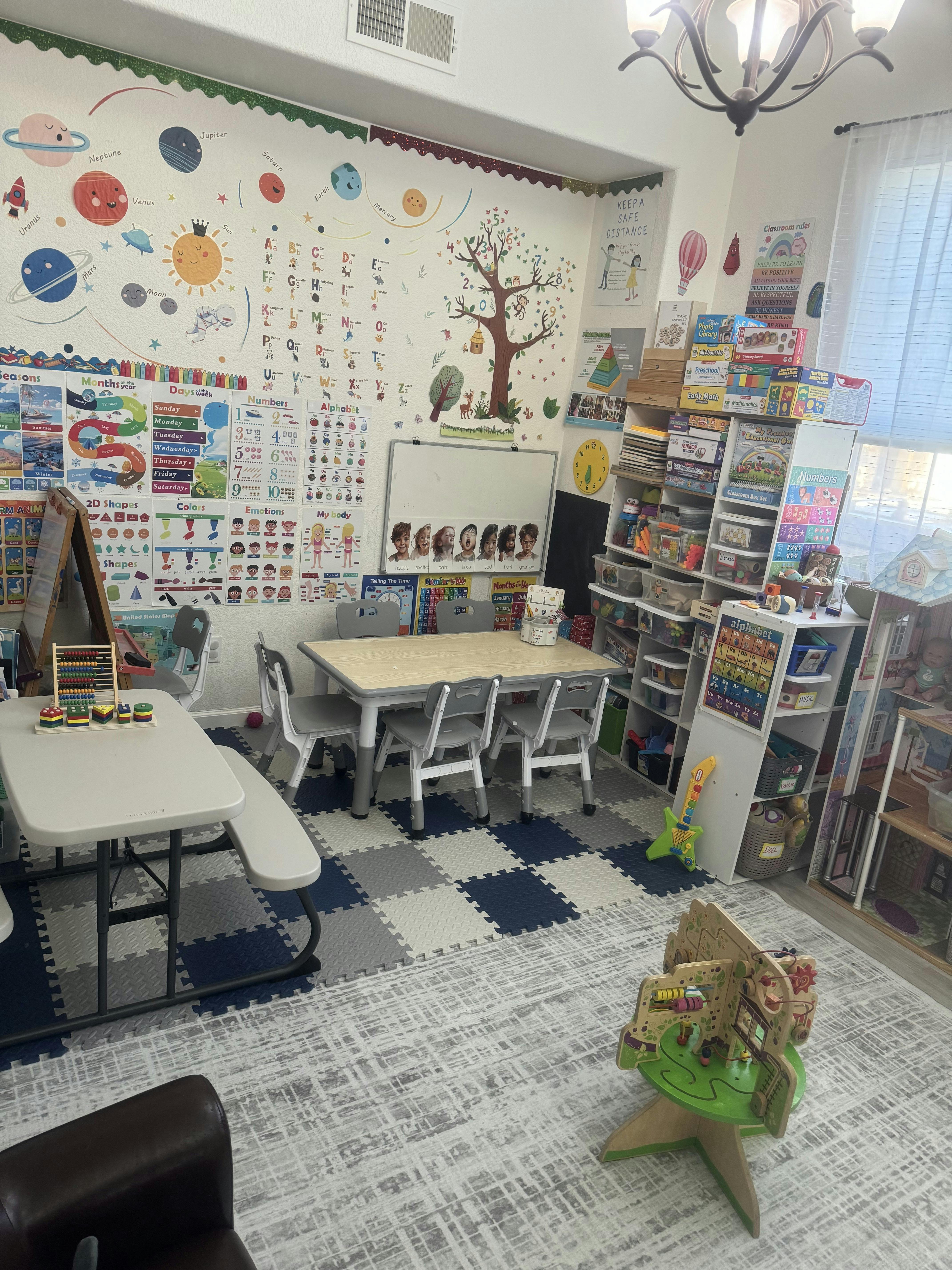 Classroom interior with small tables and educational wall charts
