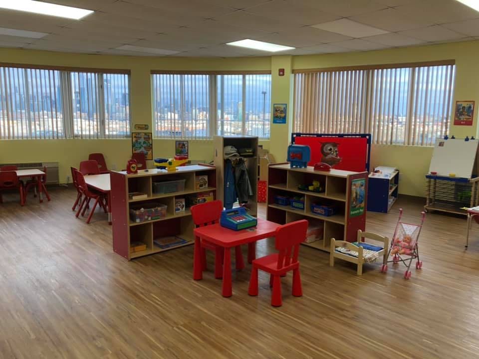 Empty classroom with small tables and chairs