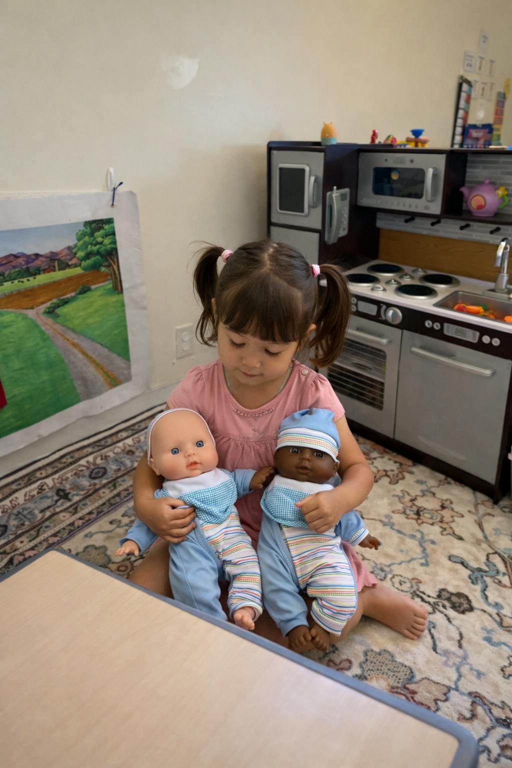 Child holding two dolls while sitting on a patterned rug