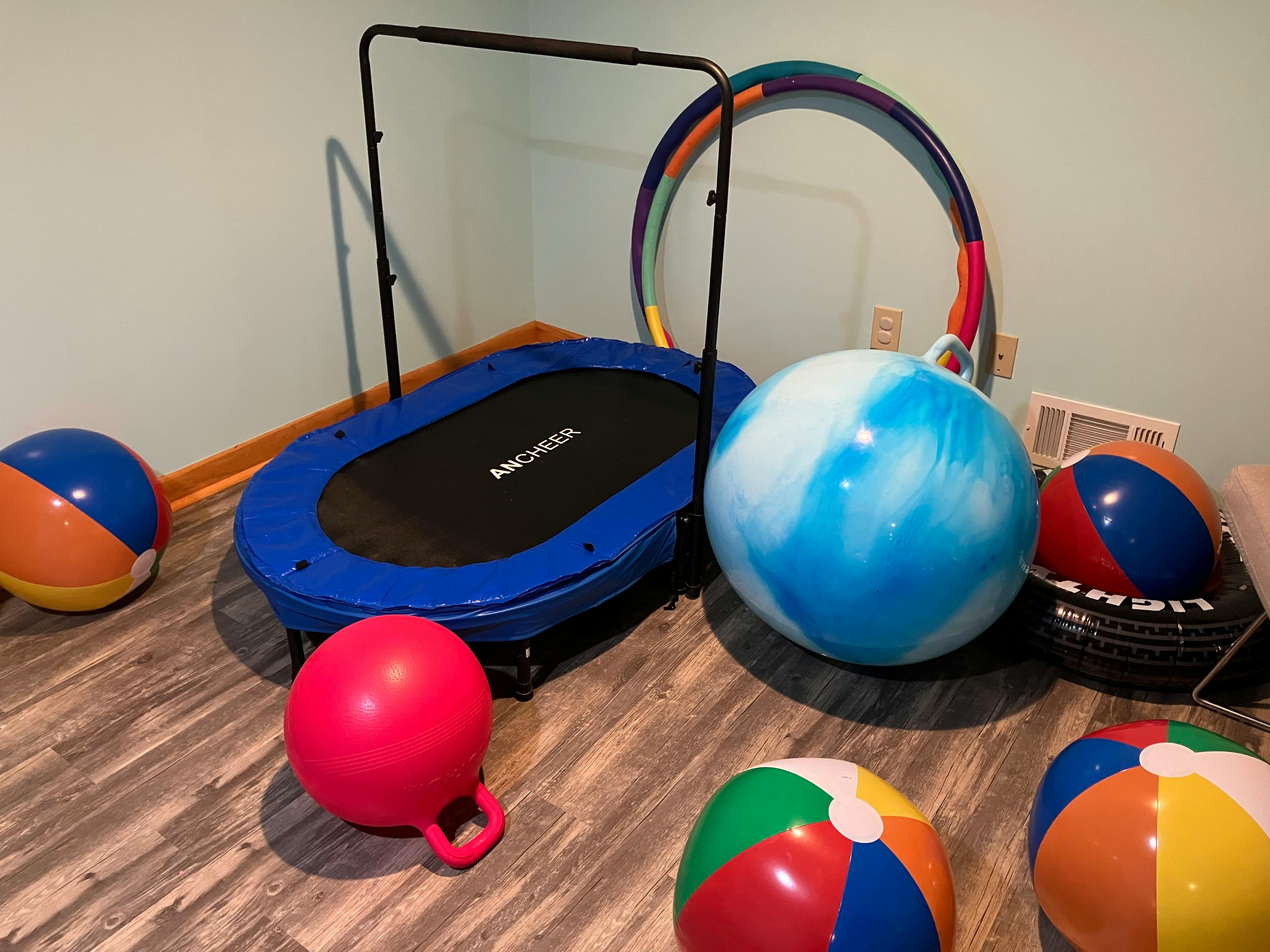 Mini trampoline, exercise ball, and other play balls on a wooden floor