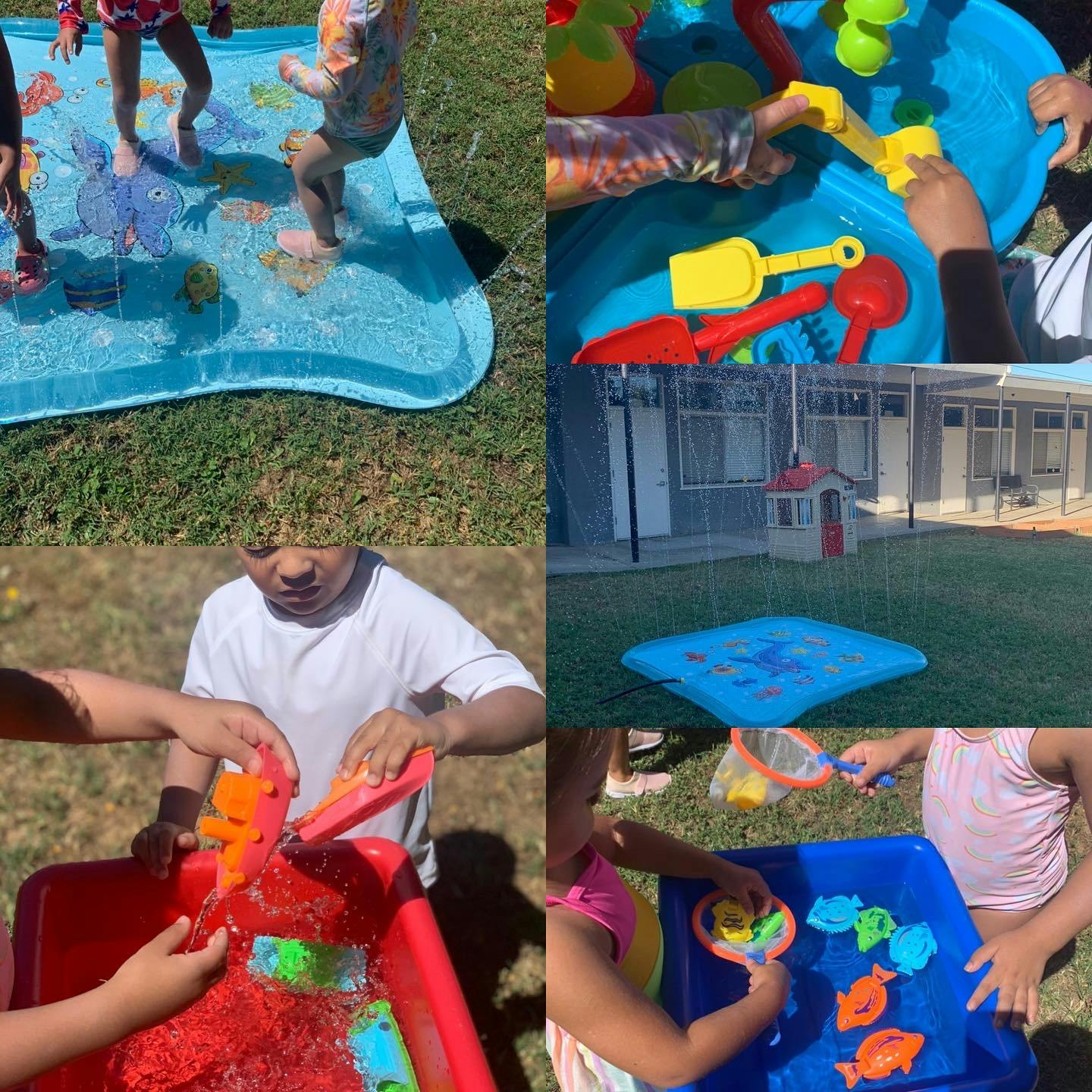 Collage of children playing with water toys outdoors