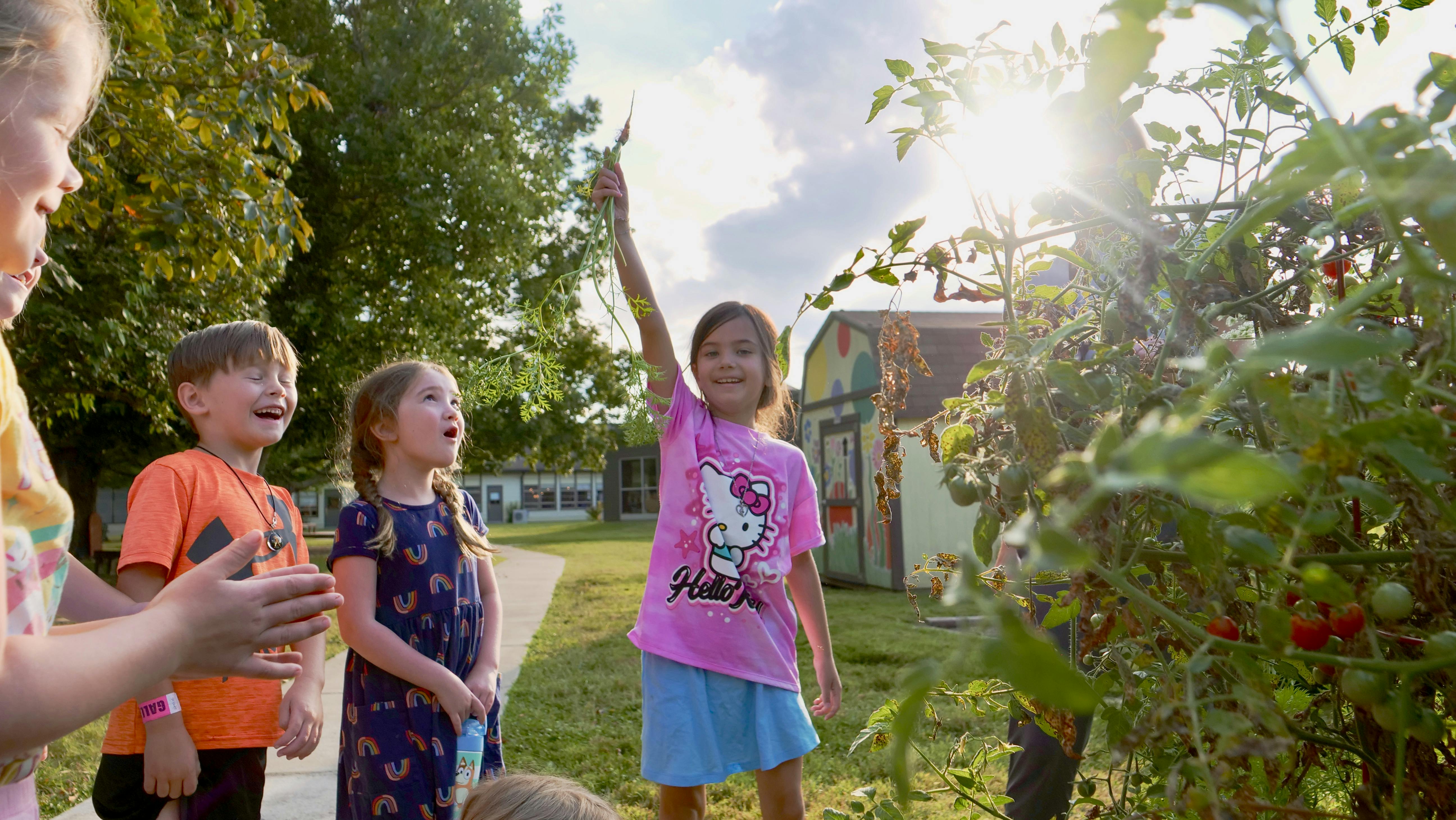 Children harvesting vegetables in a garden