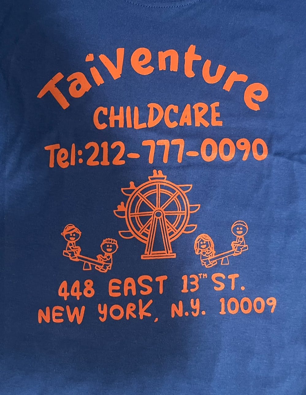 Taiventure Childcare logo with contact information and children on seesaws