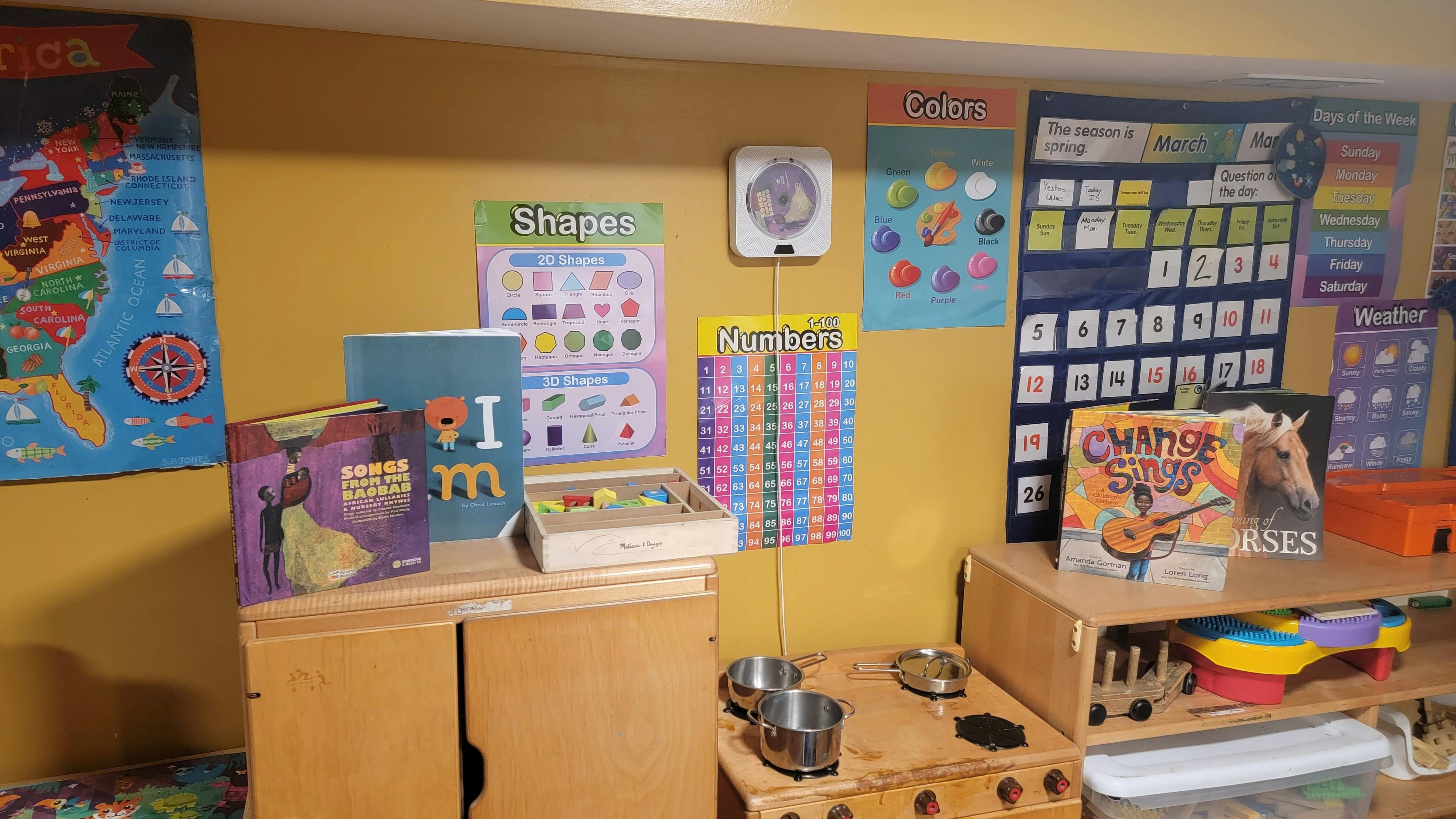 Classroom wall with educational posters and learning materials
