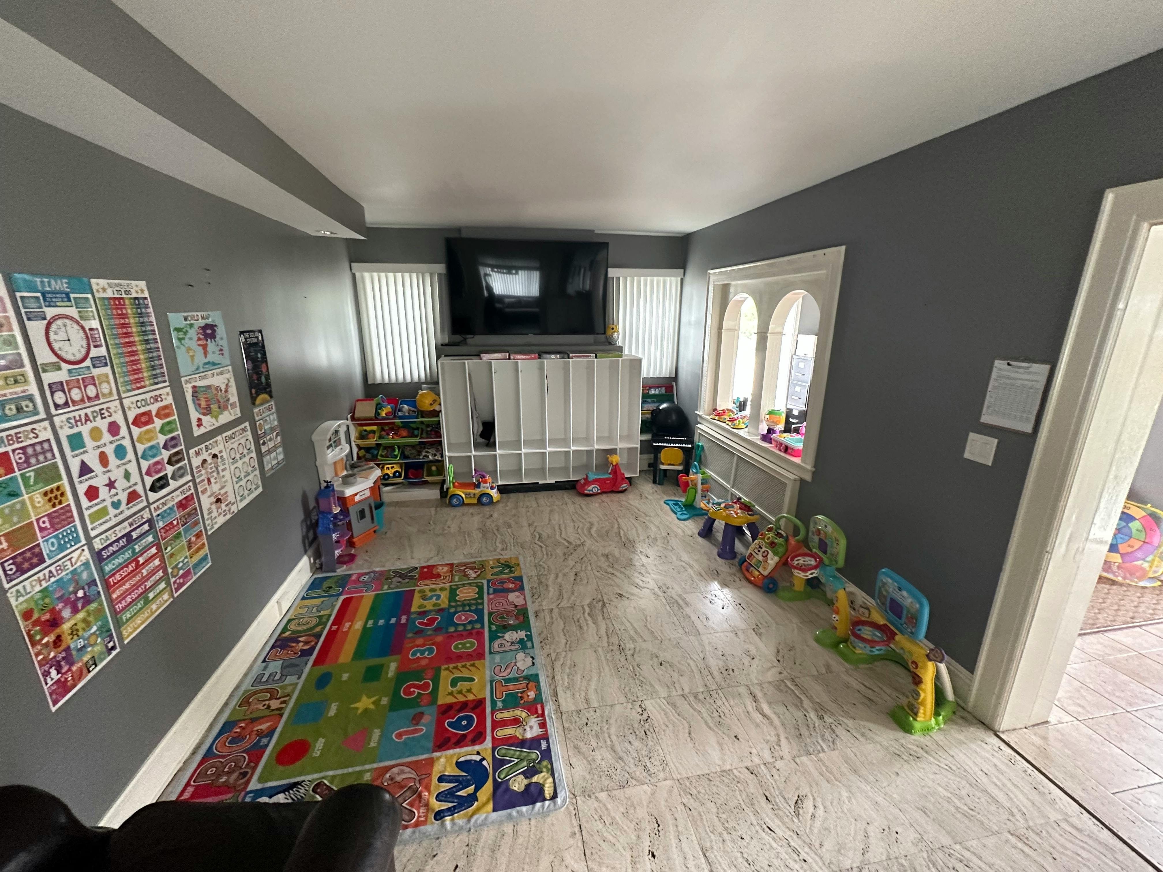 Playroom with colorful rug, educational posters, and toys