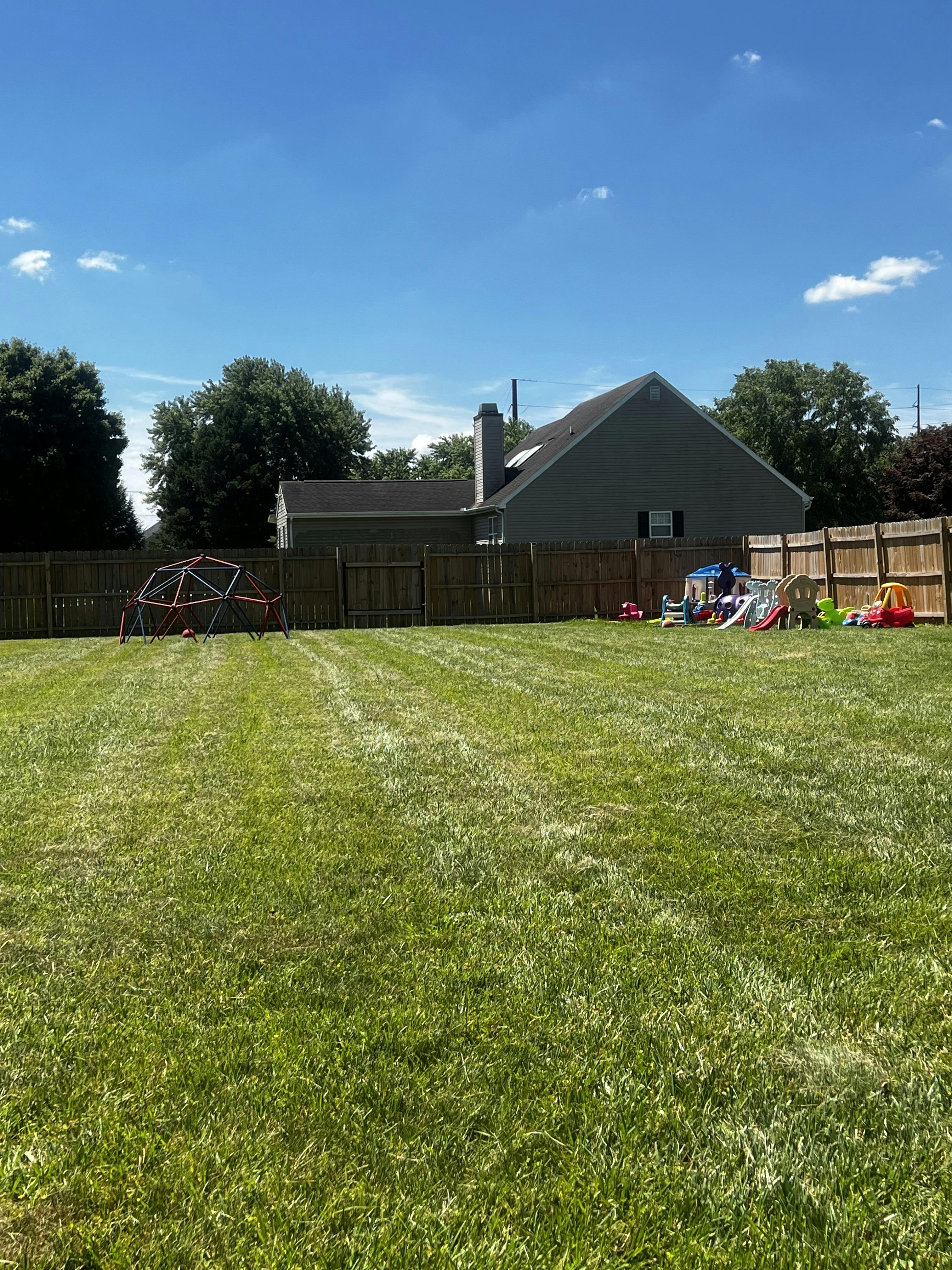 Backyard with a geodesic dome climber and various toys near a fence