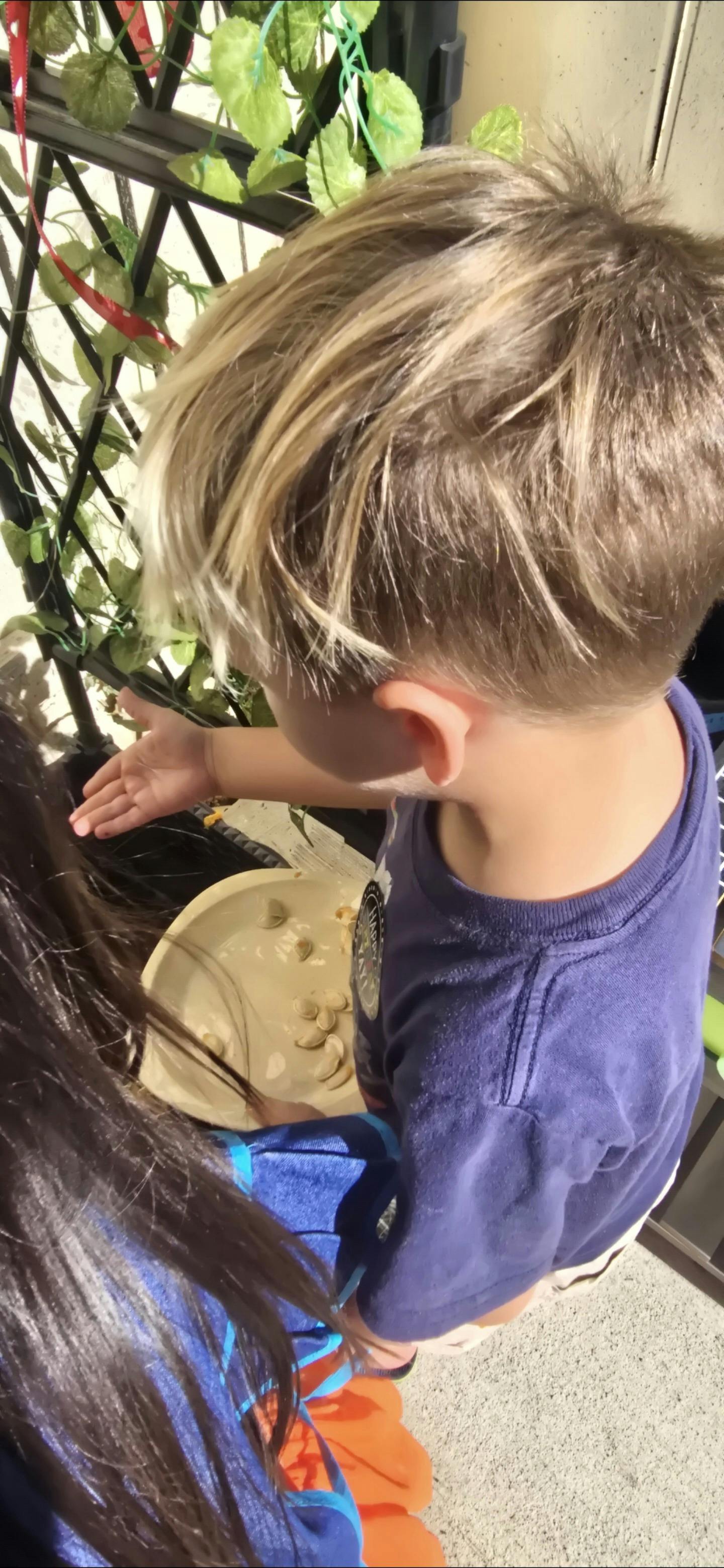 Child with light hair reaching out