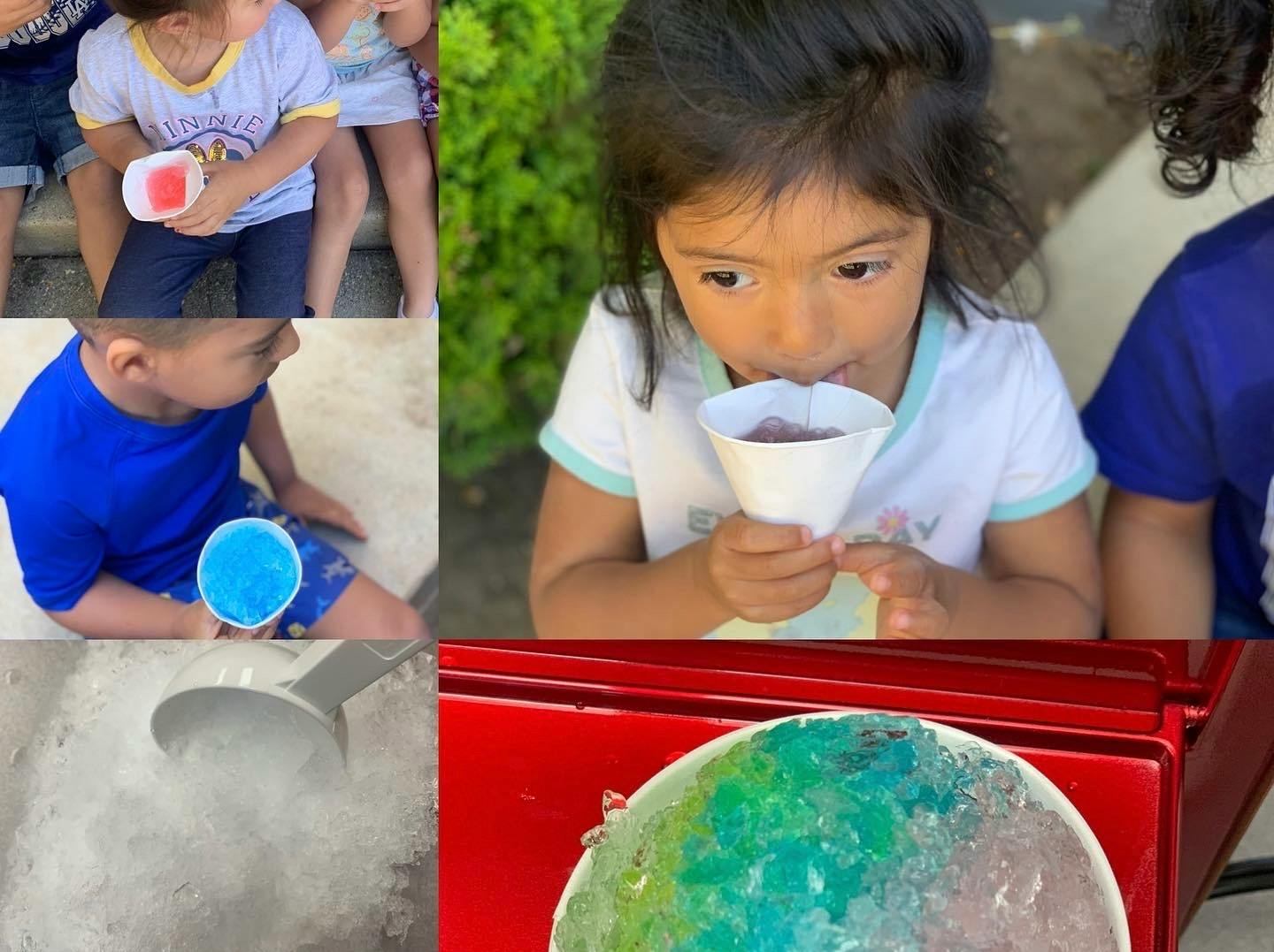 Collage of children with snow cones and a snow cone machine