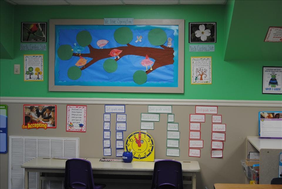 Classroom wall with a spring-themed bulletin board and word lists for different grades