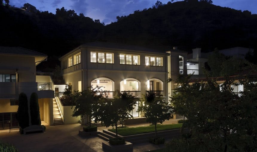 Large building with illuminated windows at night
