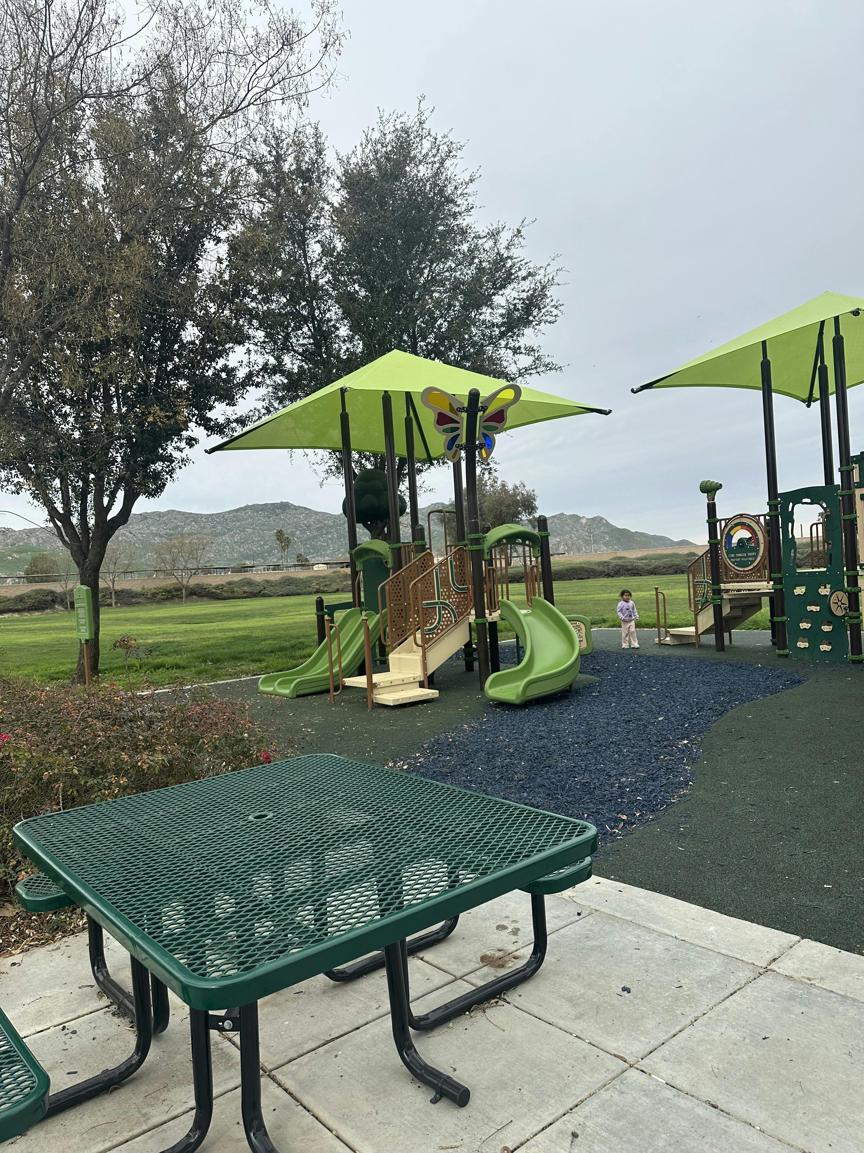 Child standing on a playground next to slides and climbing structures