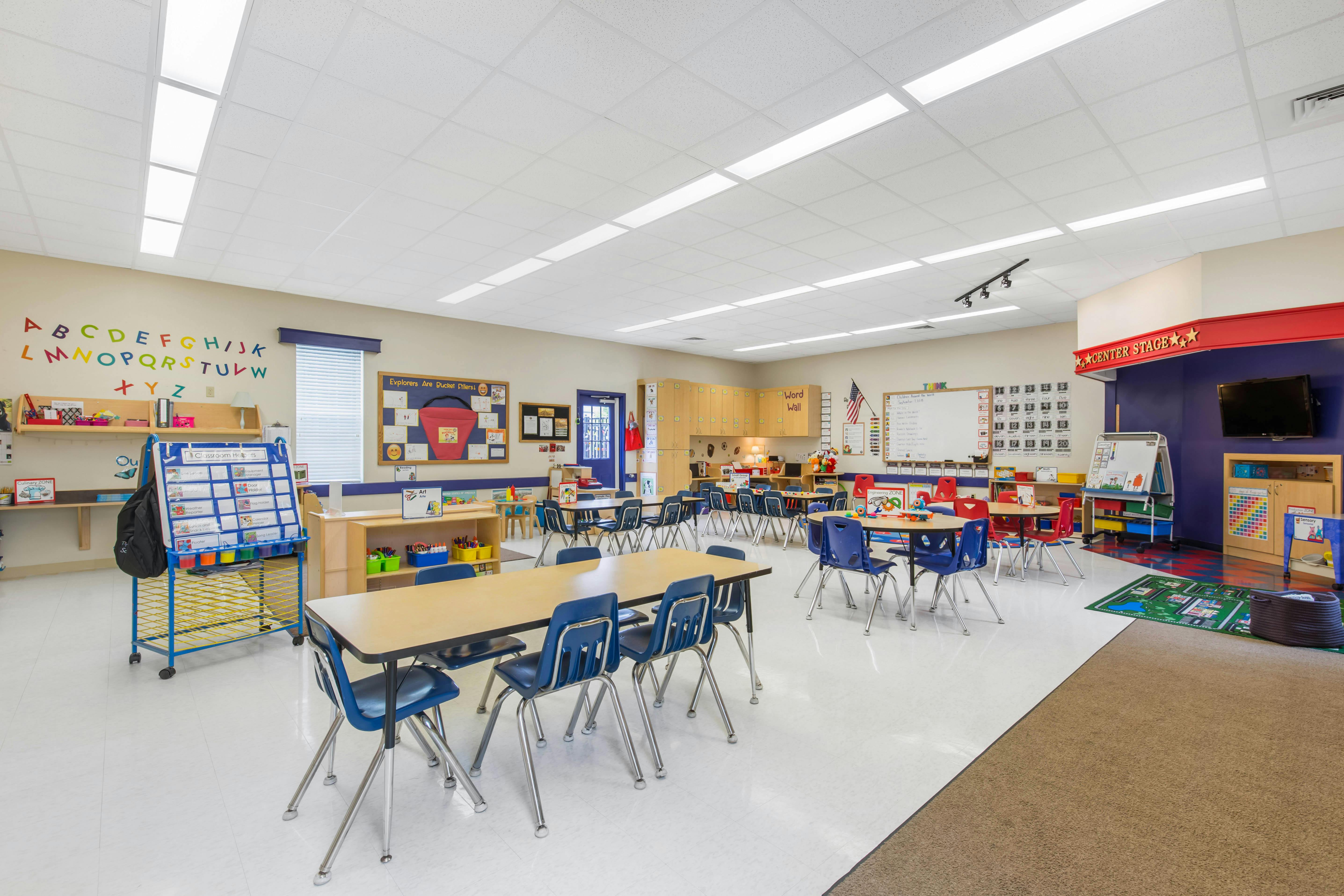 An empty elementary school classroom with tables and chairs
