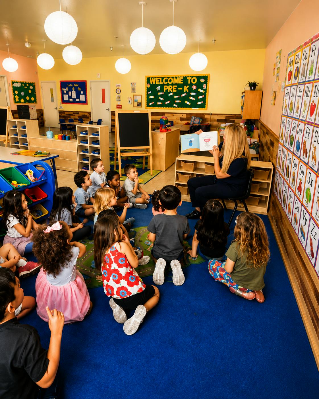 Teacher reading a book to a group of children in a pre-k classroom