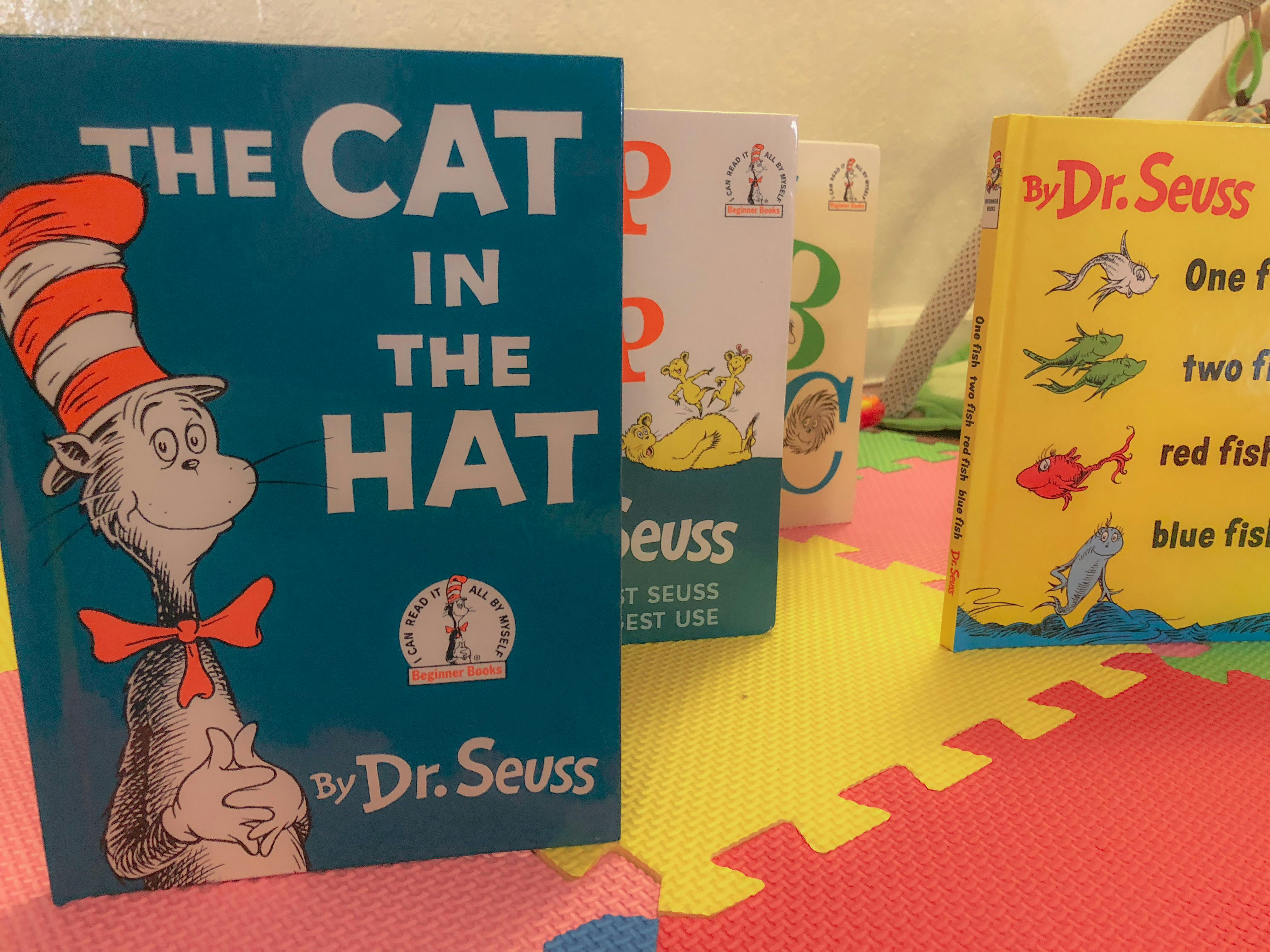 Dr. Seuss books, including The Cat in the Hat and One Fish Two Fish Red Fish Blue Fish