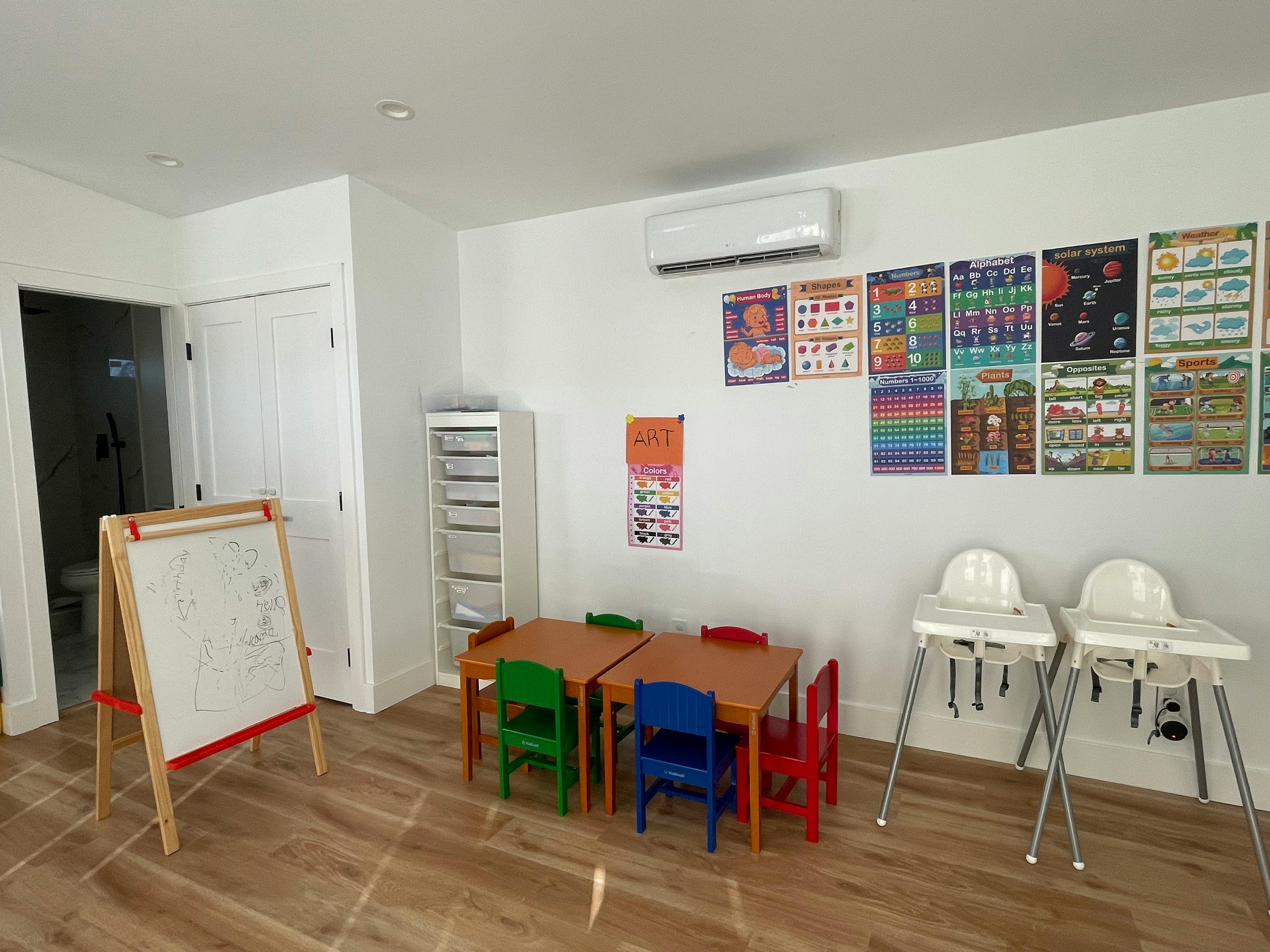 Classroom with small tables and chairs, an easel, and posters on the wall