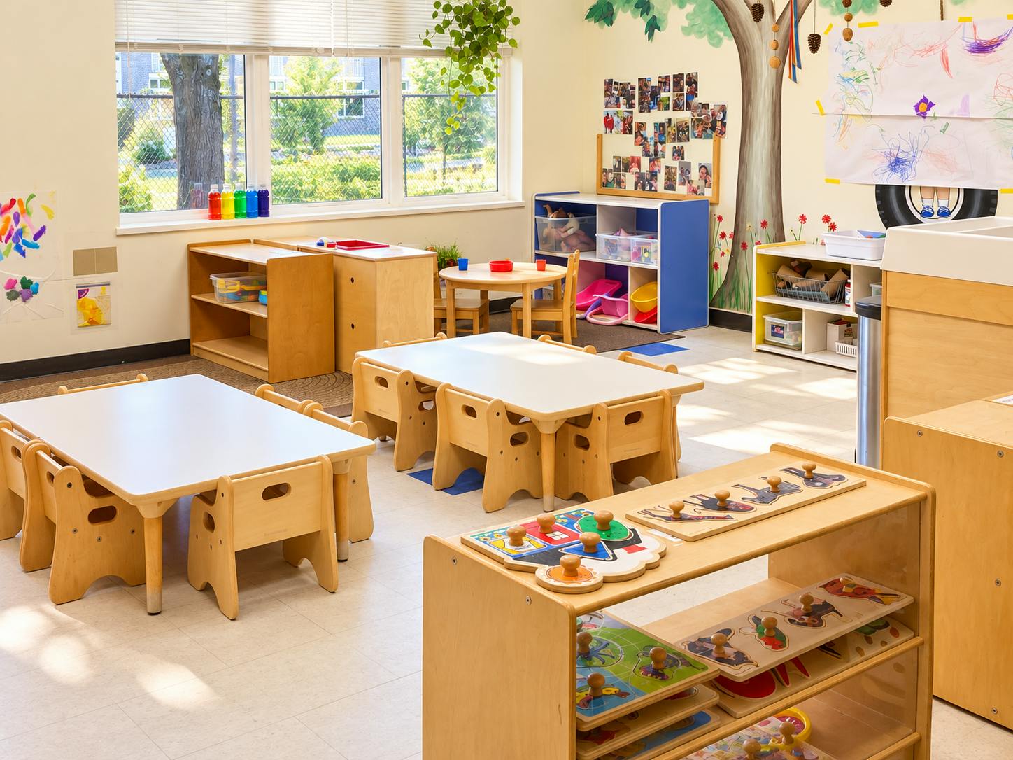 Classroom interior with small tables and chairs for children