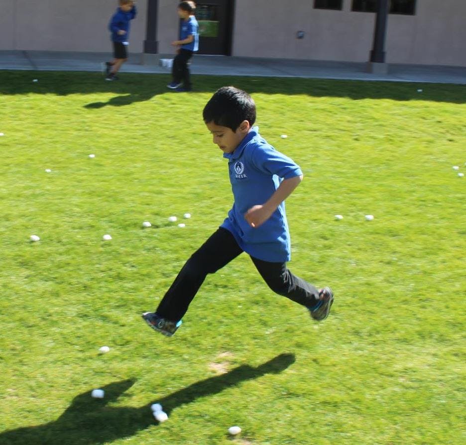 Child running on grass with small white objects