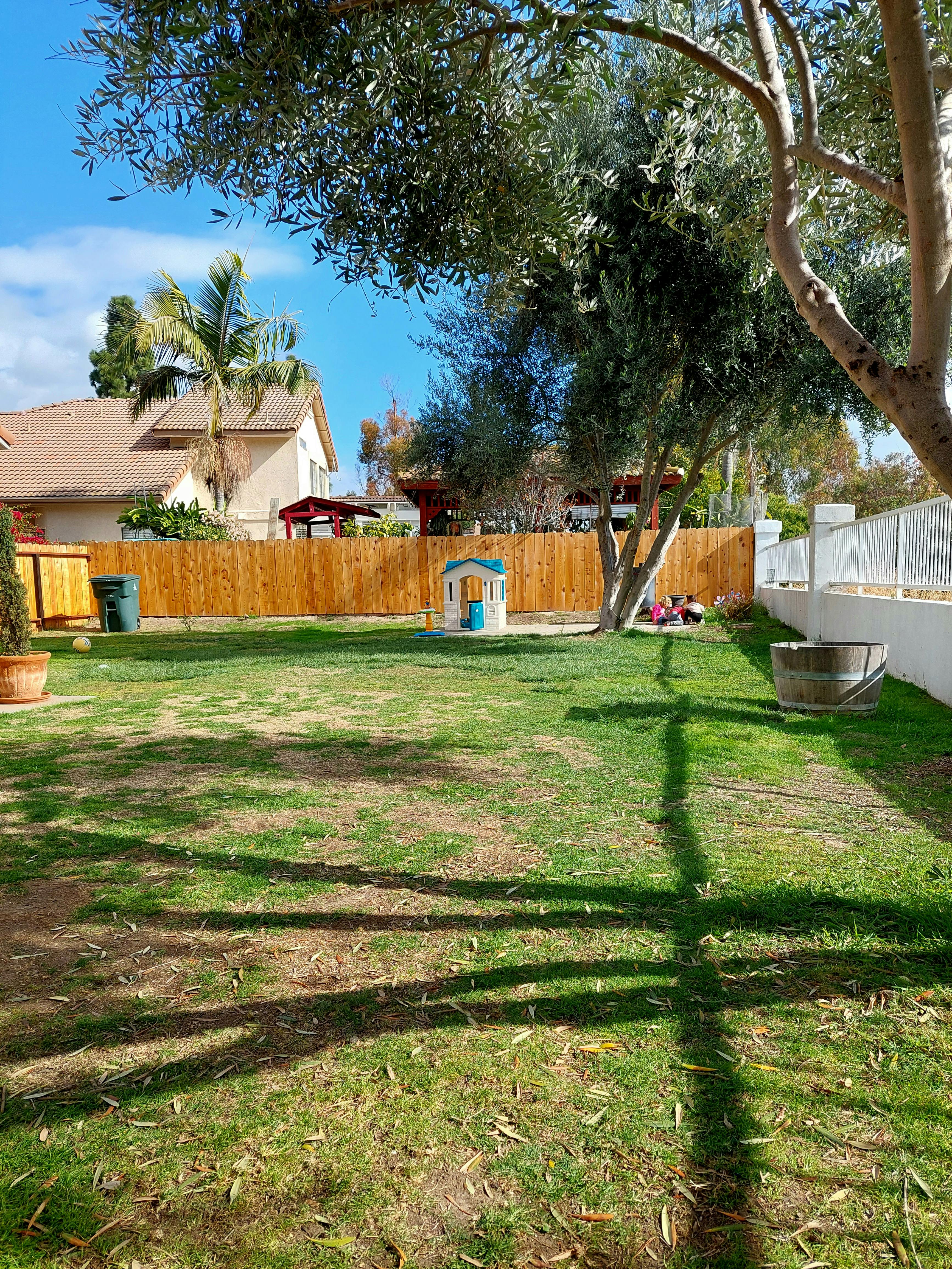 Backyard with green grass, trees, and a wooden fence