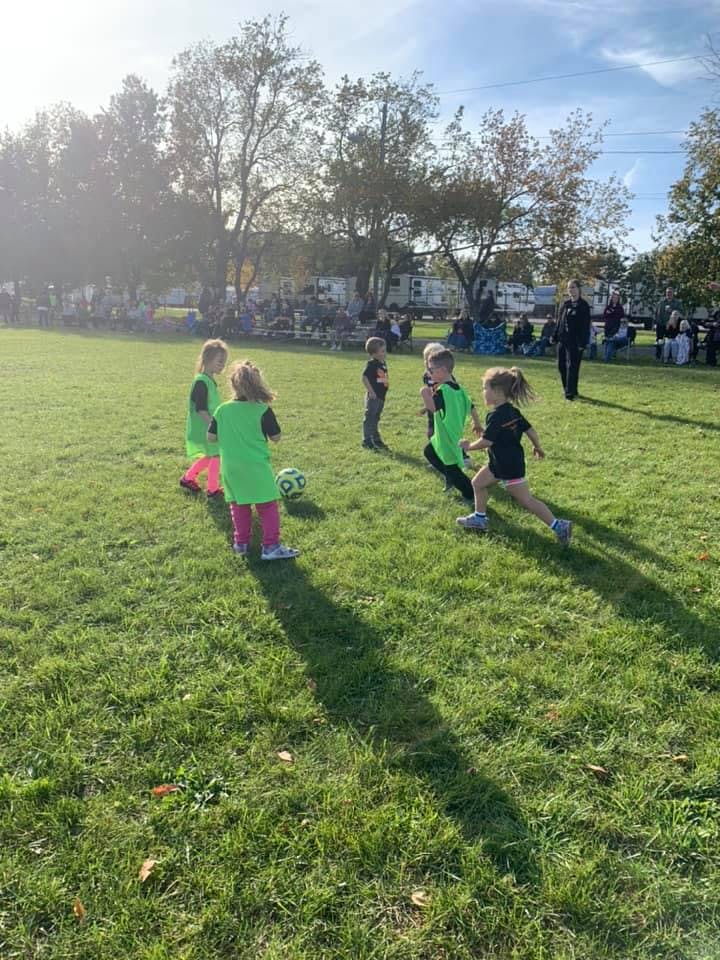 Children playing soccer on a grassy field