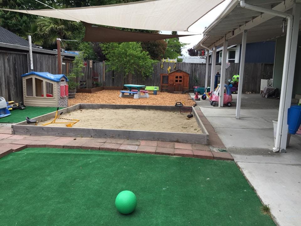 Outdoor play area with sandbox, artificial turf, and shade sails for children's toys