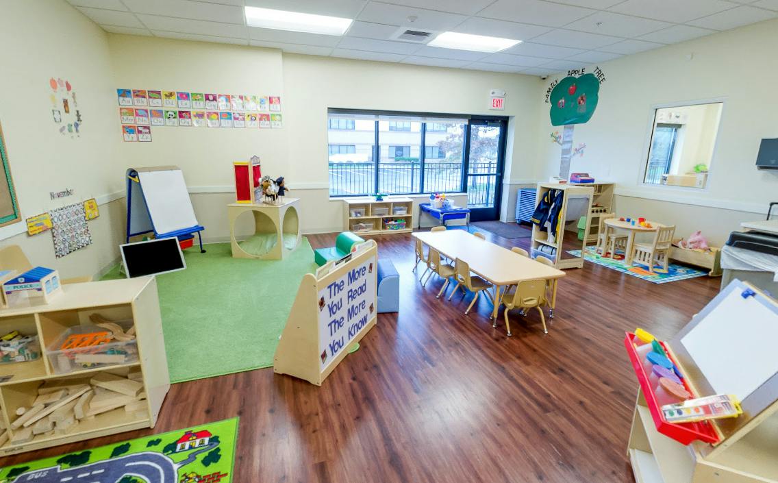 Empty classroom with small tables and chairs