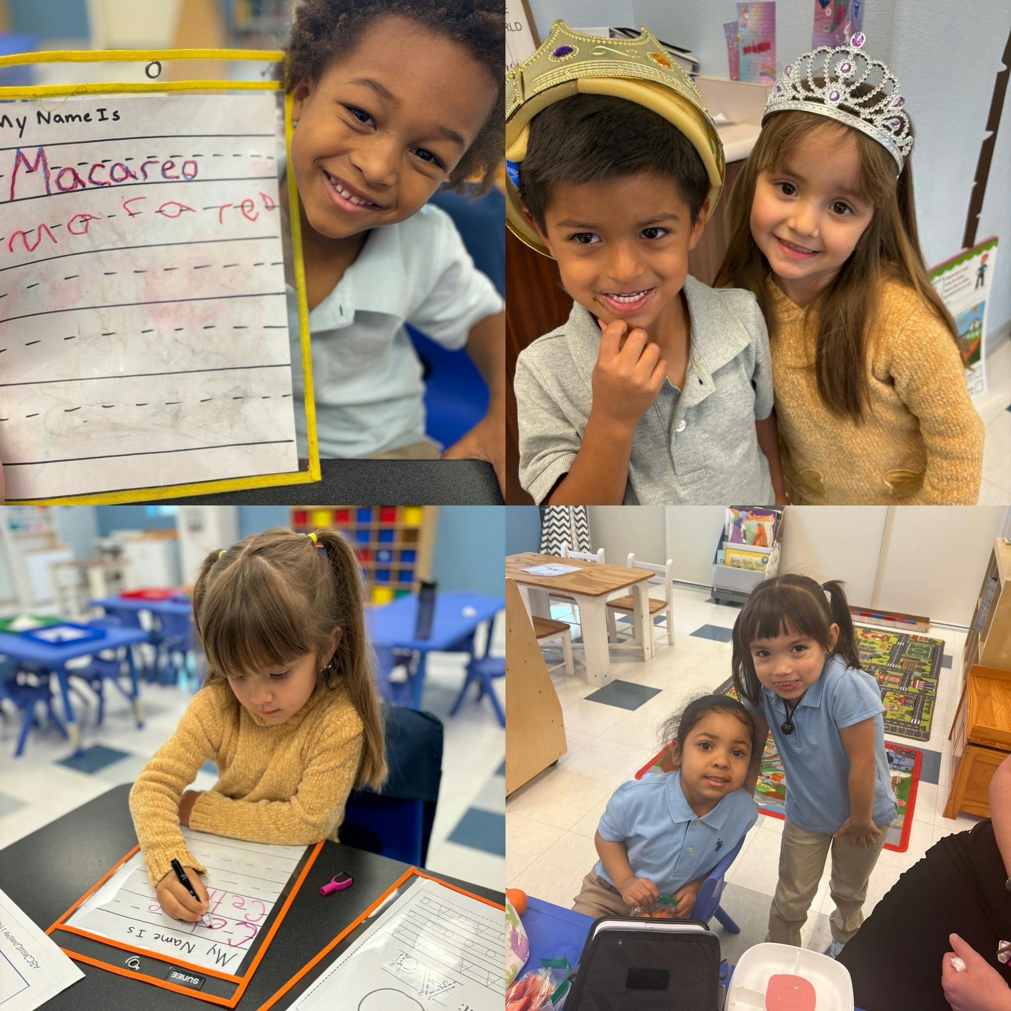 Collage of children in a classroom, some writing, some posing for a portrait