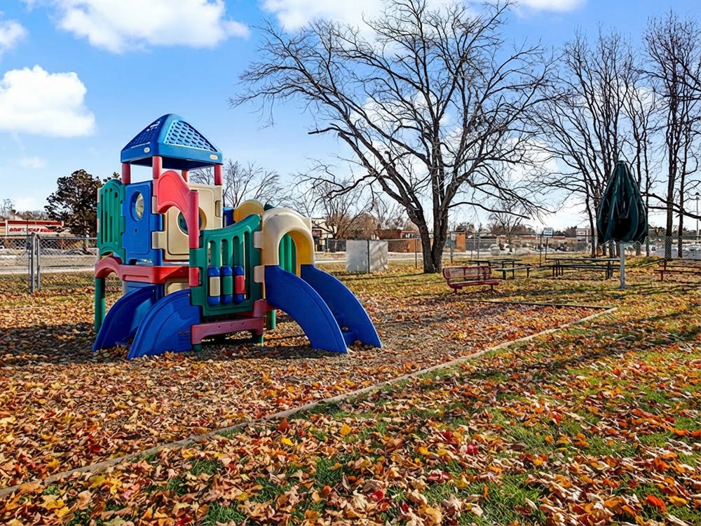 Colorful playground structure on a ground covered with autumn leaves