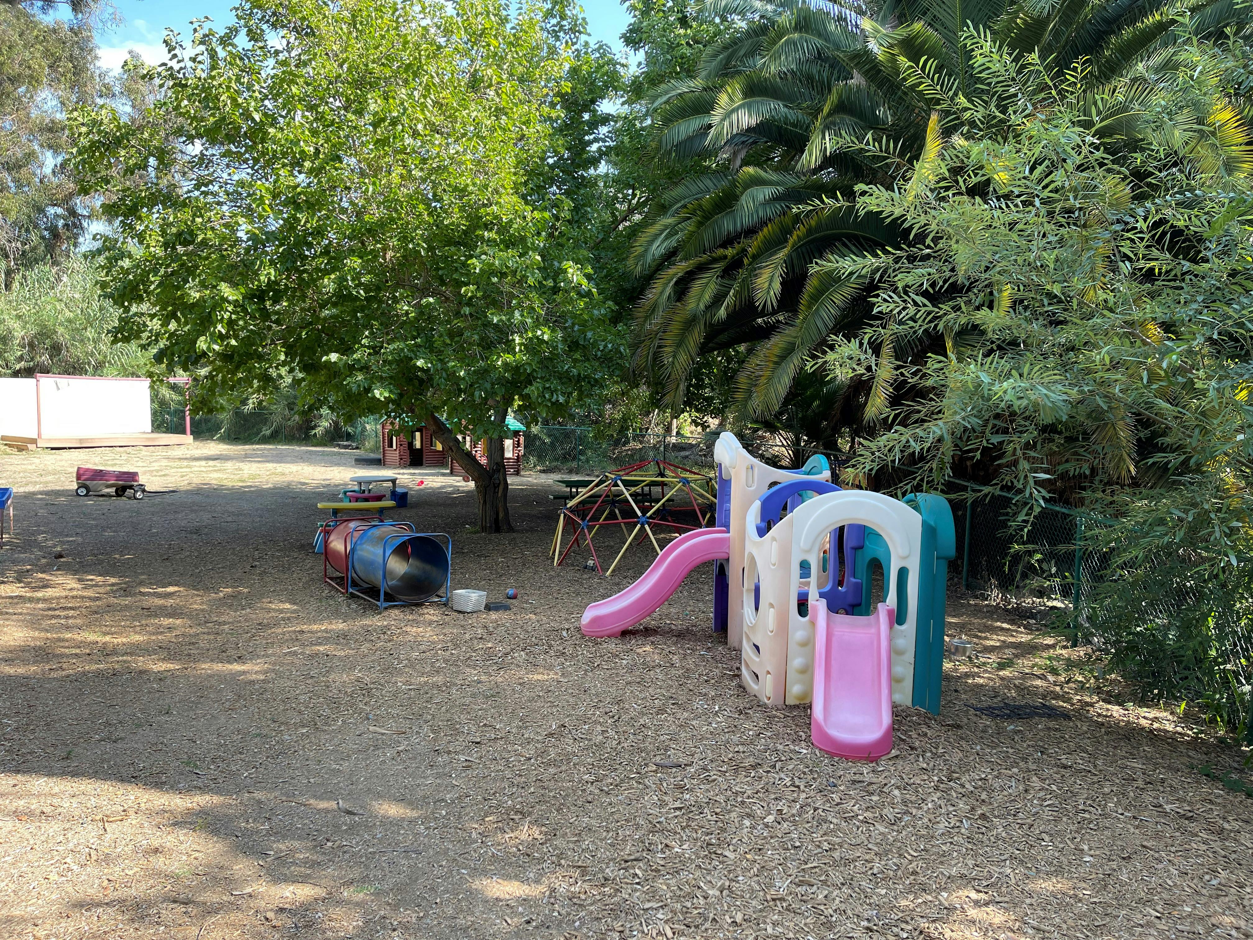 Playground with slides, climbing dome, and tunnels on wood chips