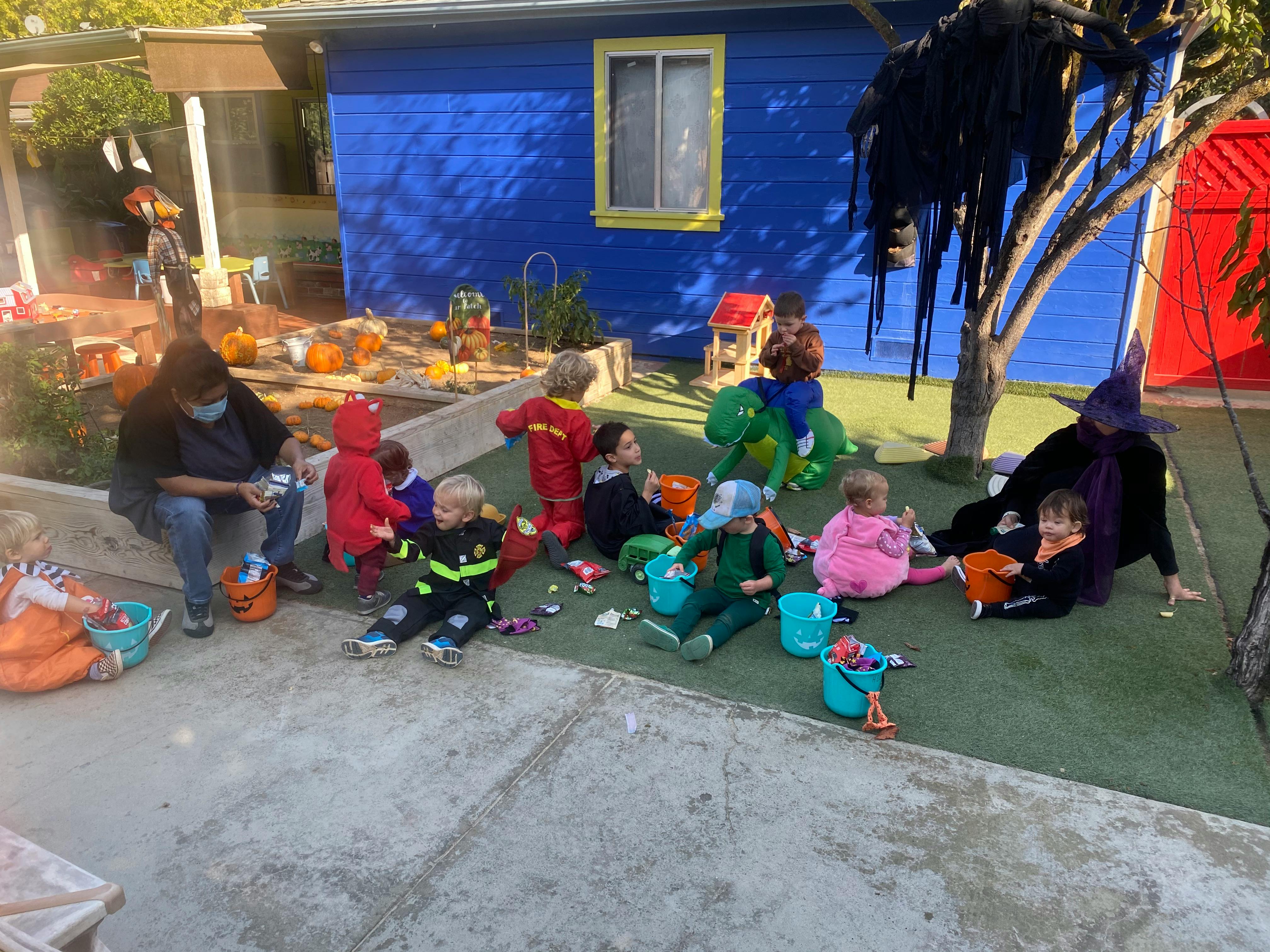 People and children in costumes on a lawn
