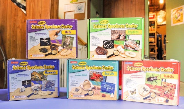 Five science specimen kits with various themes