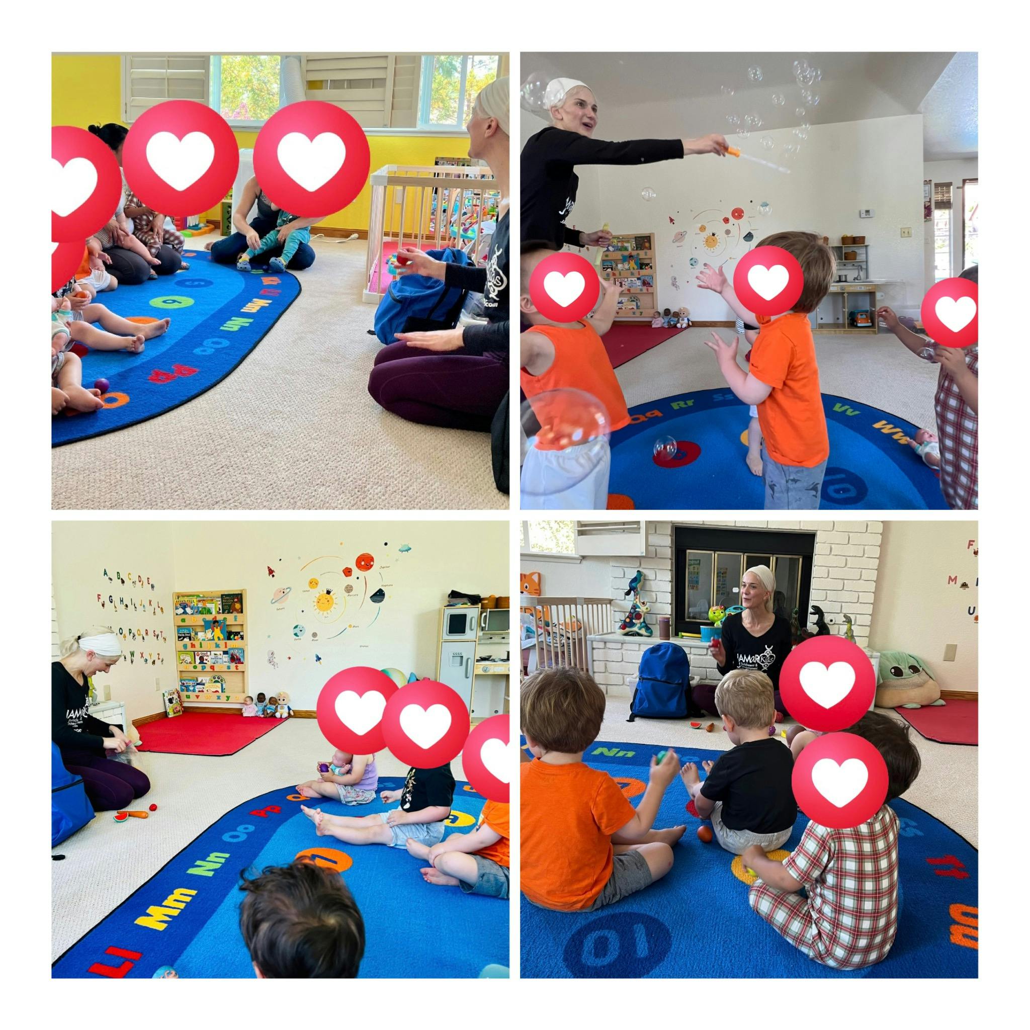 Adults and children sitting on blue mats in a classroom