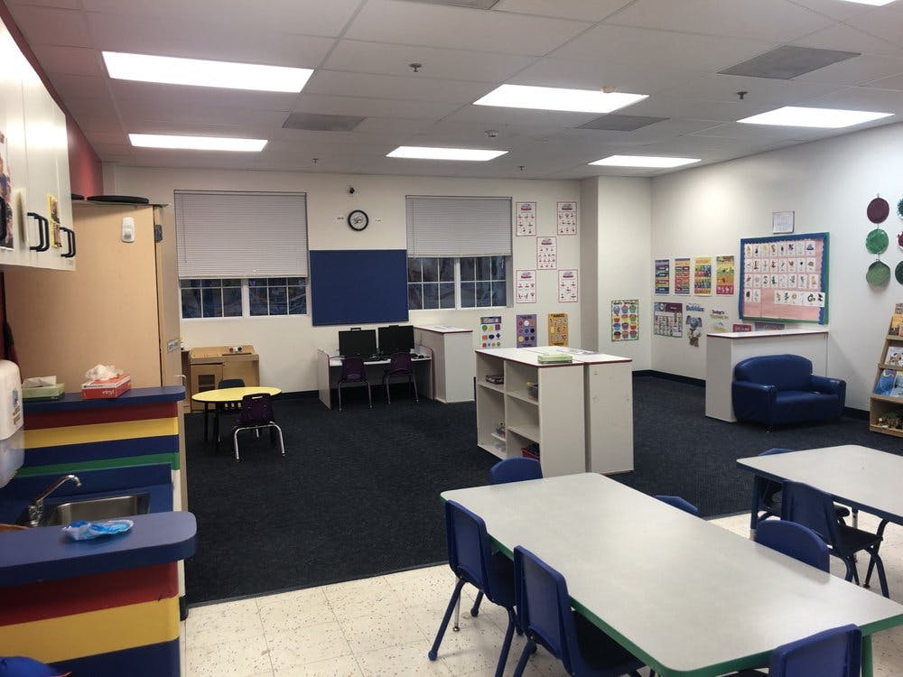 Empty classroom with small tables and chairs
