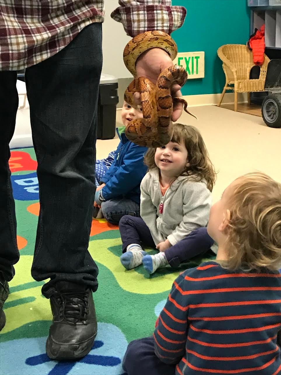 Person holding a snake while children sit on the floor watching