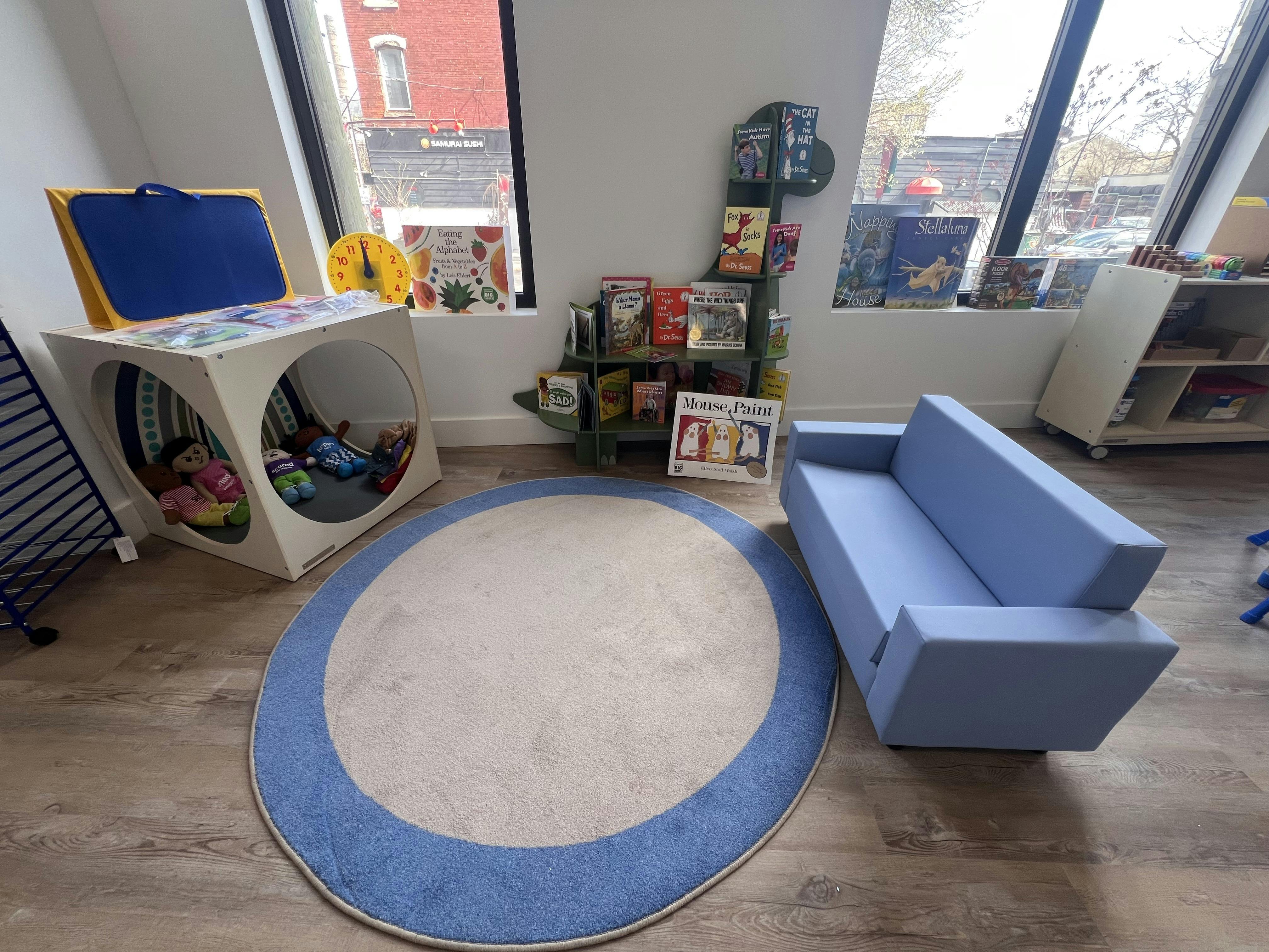 Child's play area with a rug, blue couch, bookshelf, and toy cubby