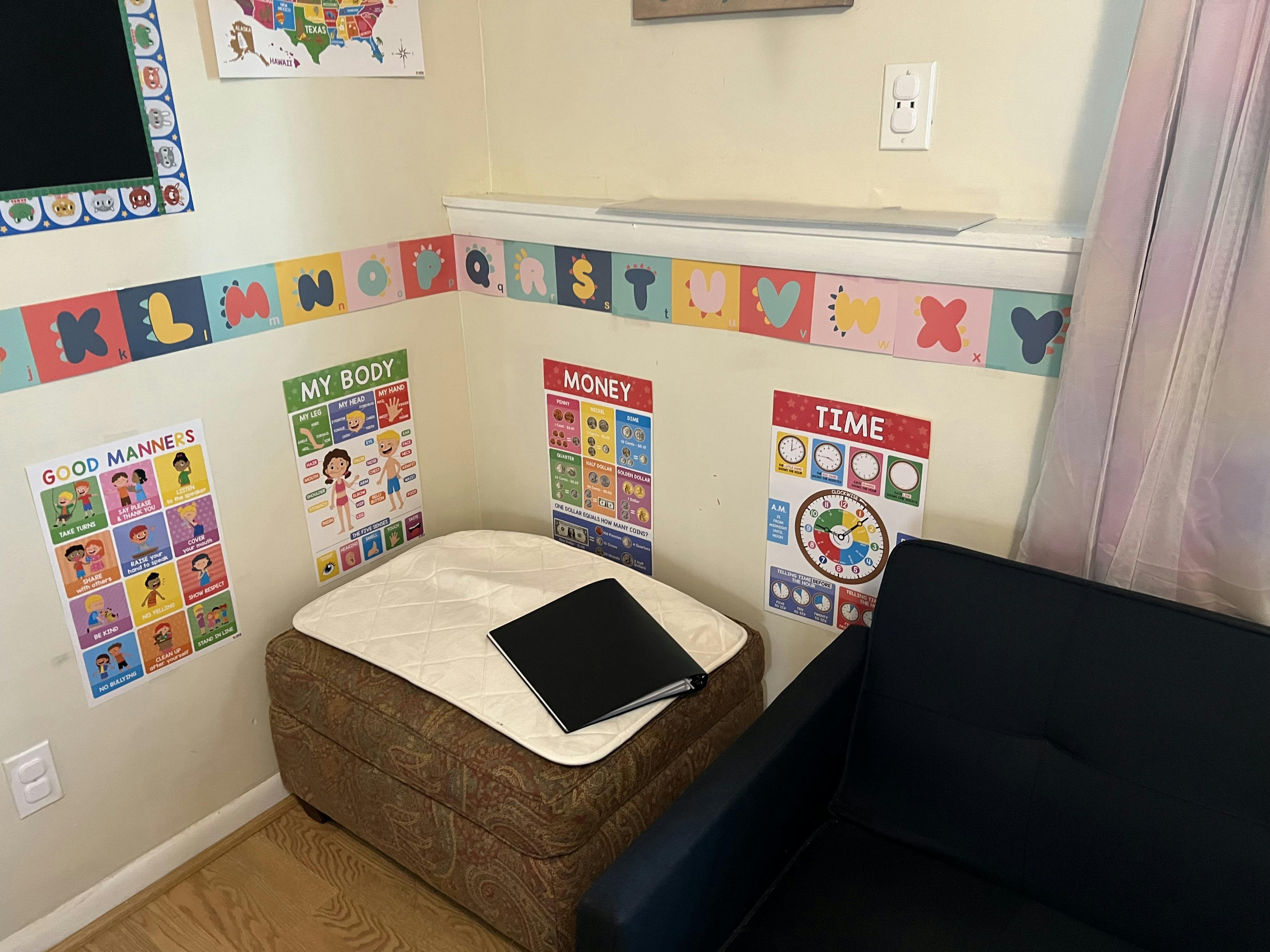 Classroom corner with educational posters for manners, body, money, and time