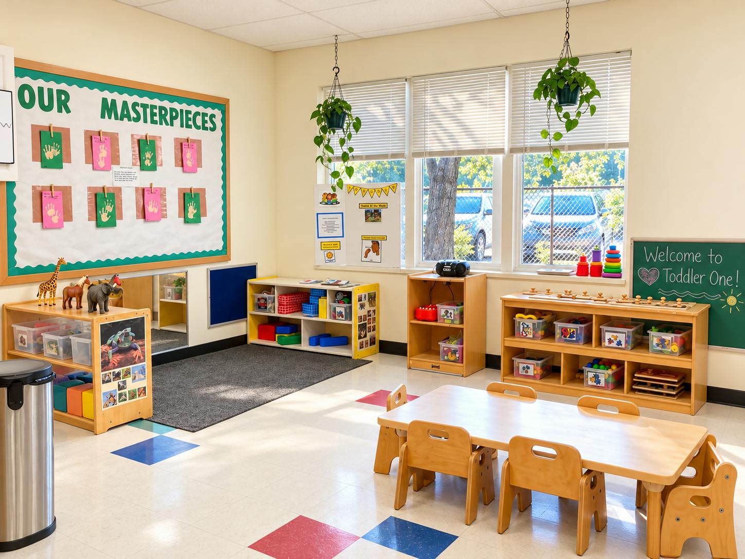 Classroom interior with small wooden tables and chairs and toy storage shelves