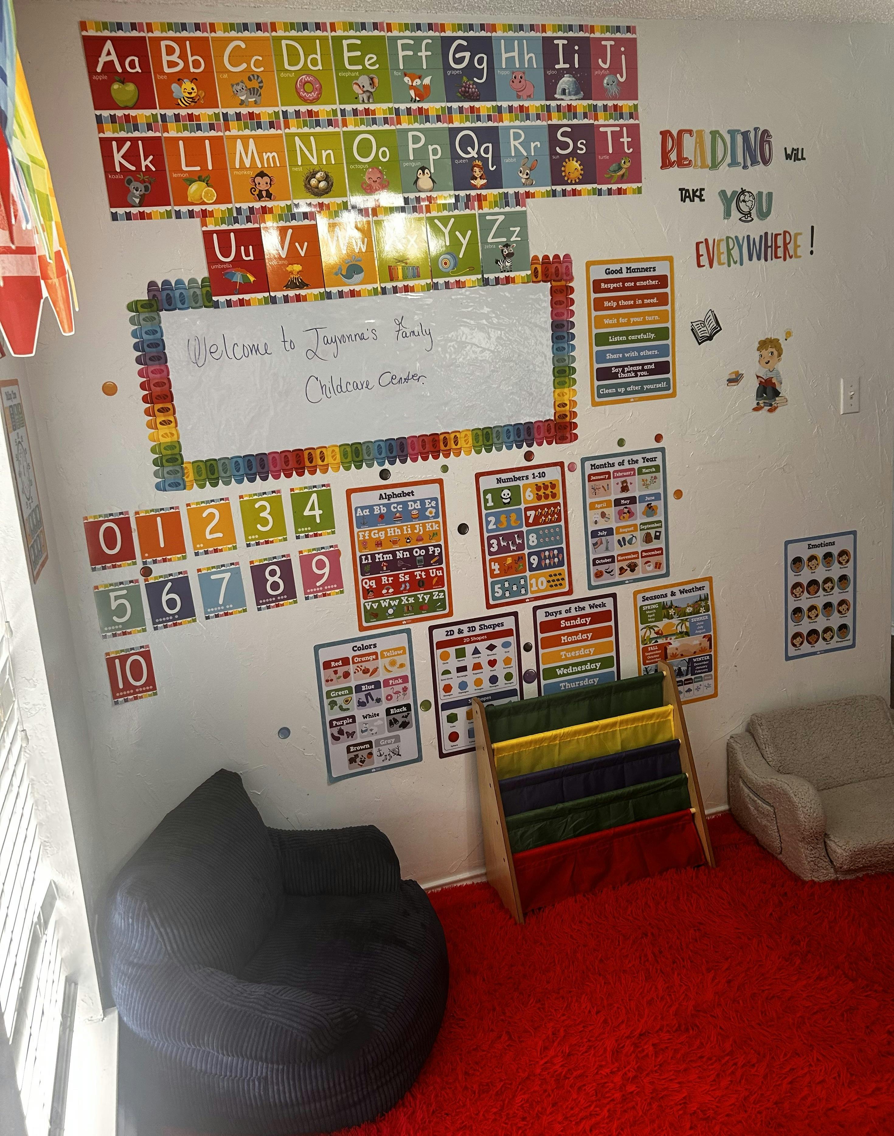 Classroom wall decorated with educational posters and a whiteboard