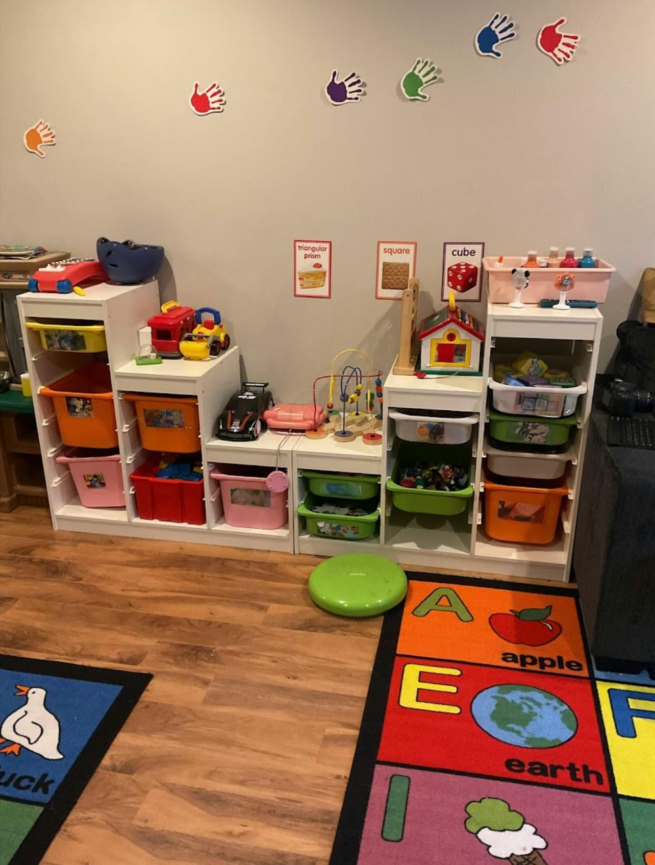 Playroom with toy storage shelves and colorful alphabet rug