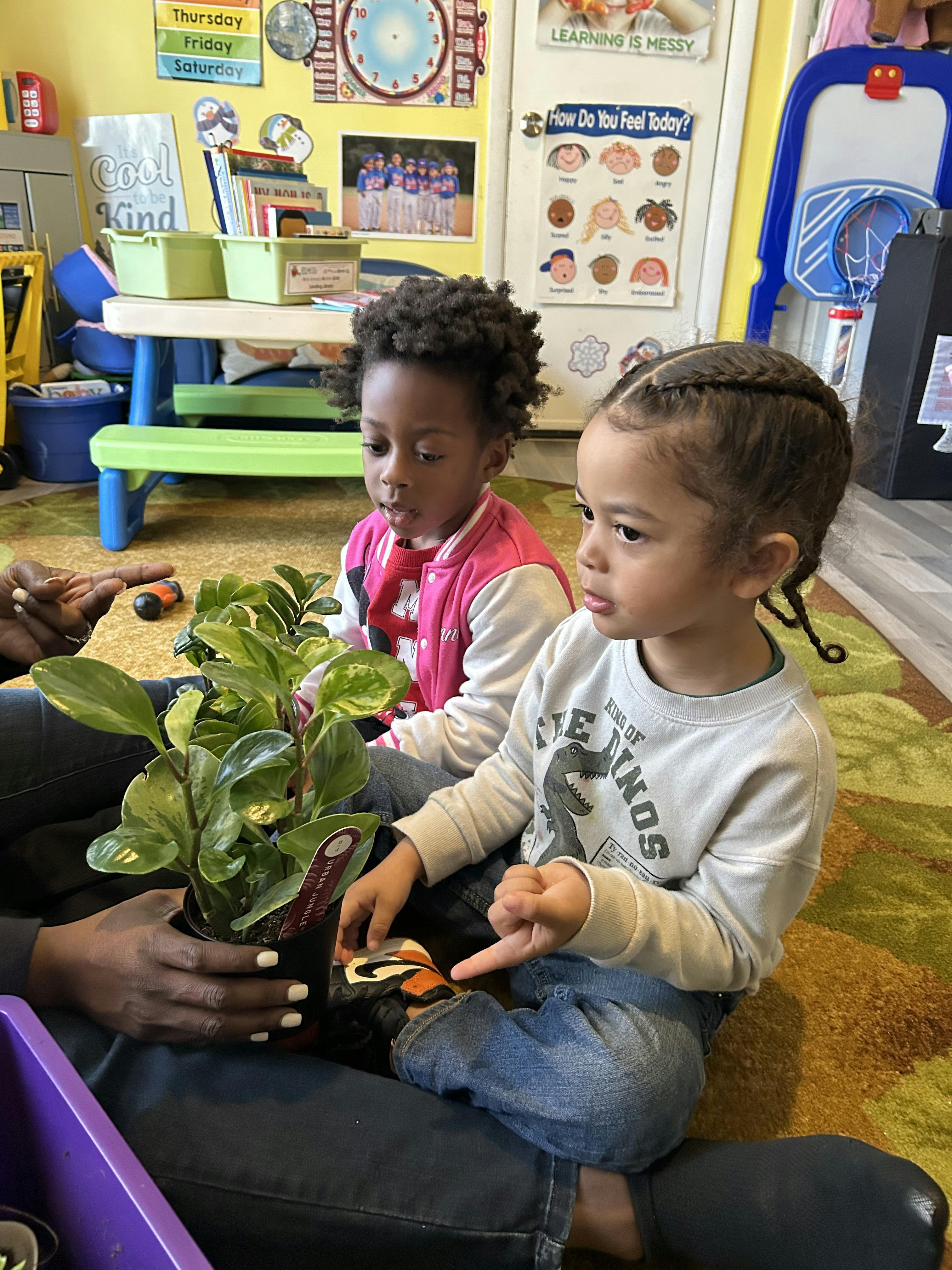 Two children observing a small potted plant in a classroom