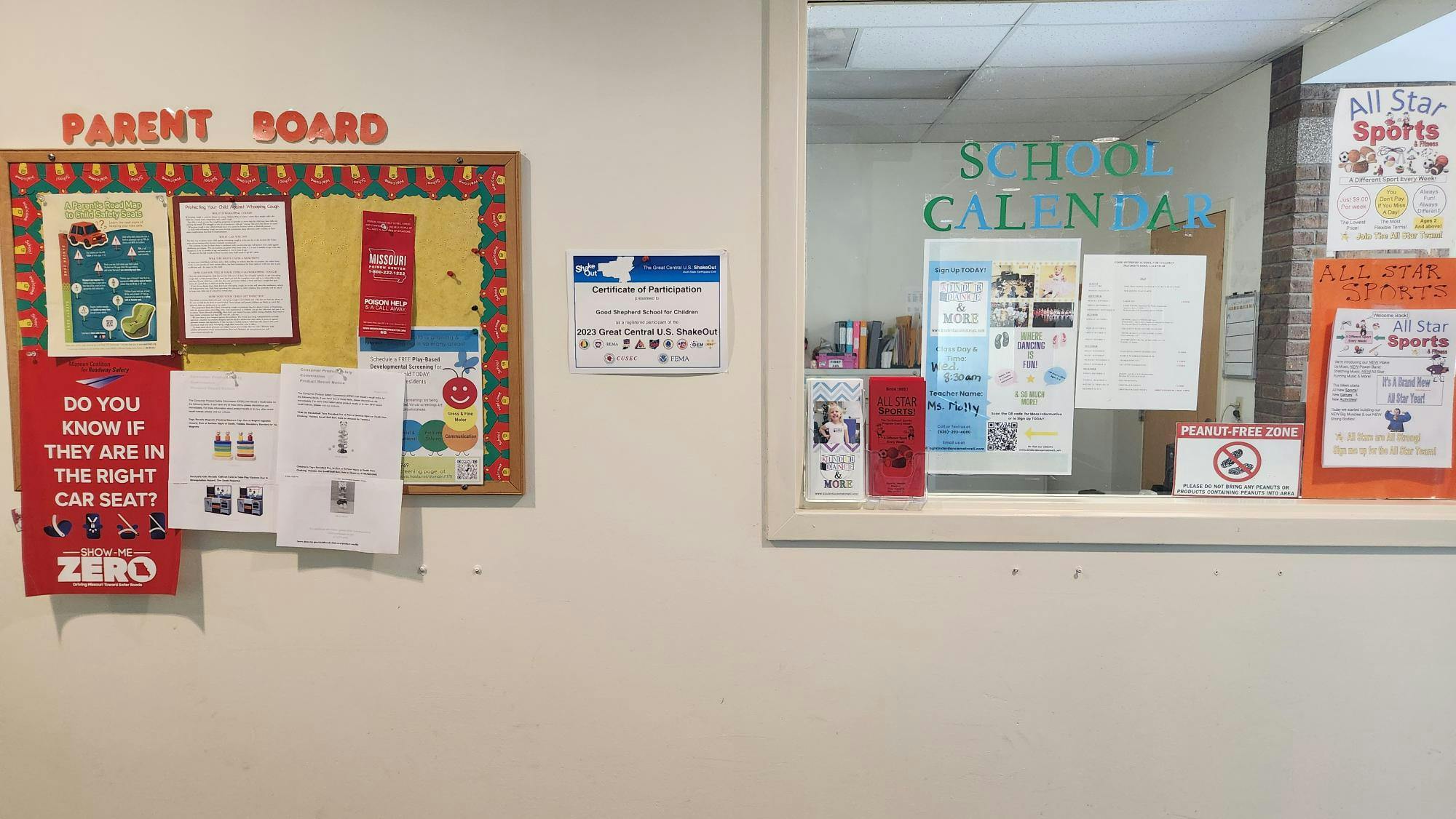 Parent board and school calendar displayed on a wall