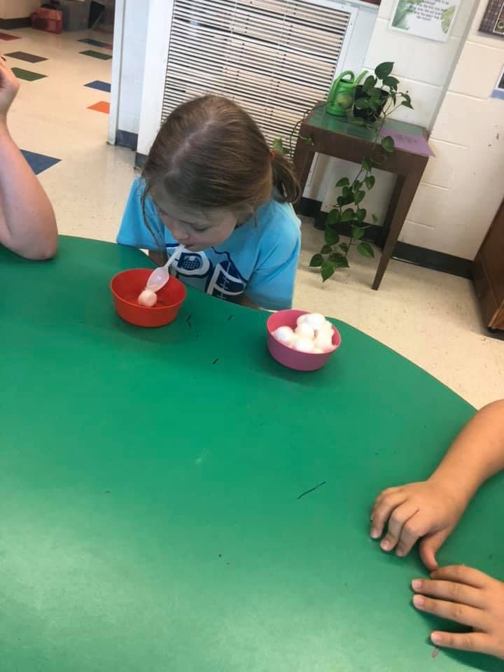 Child playing with cotton balls and bowls at a table