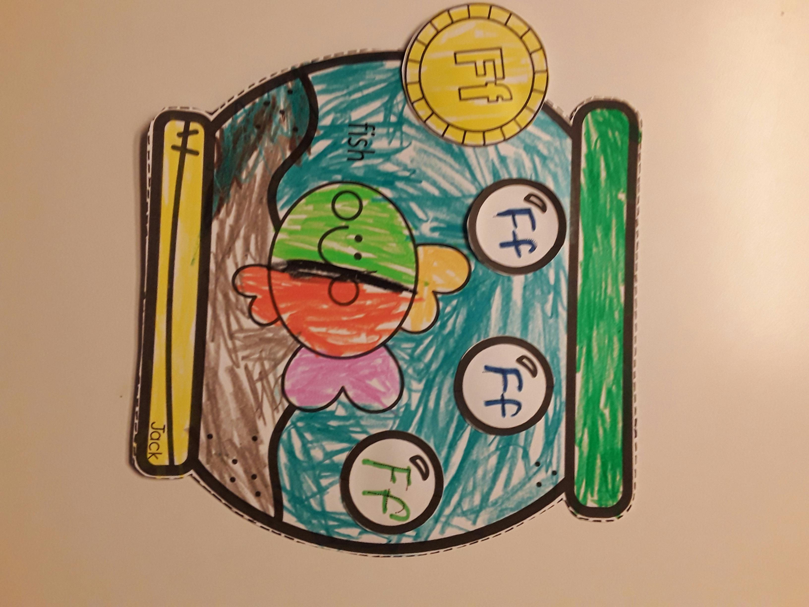 Child's drawing of a colorful character with coins