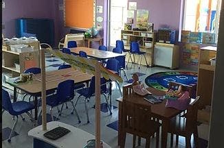 Classroom with tables and chairs