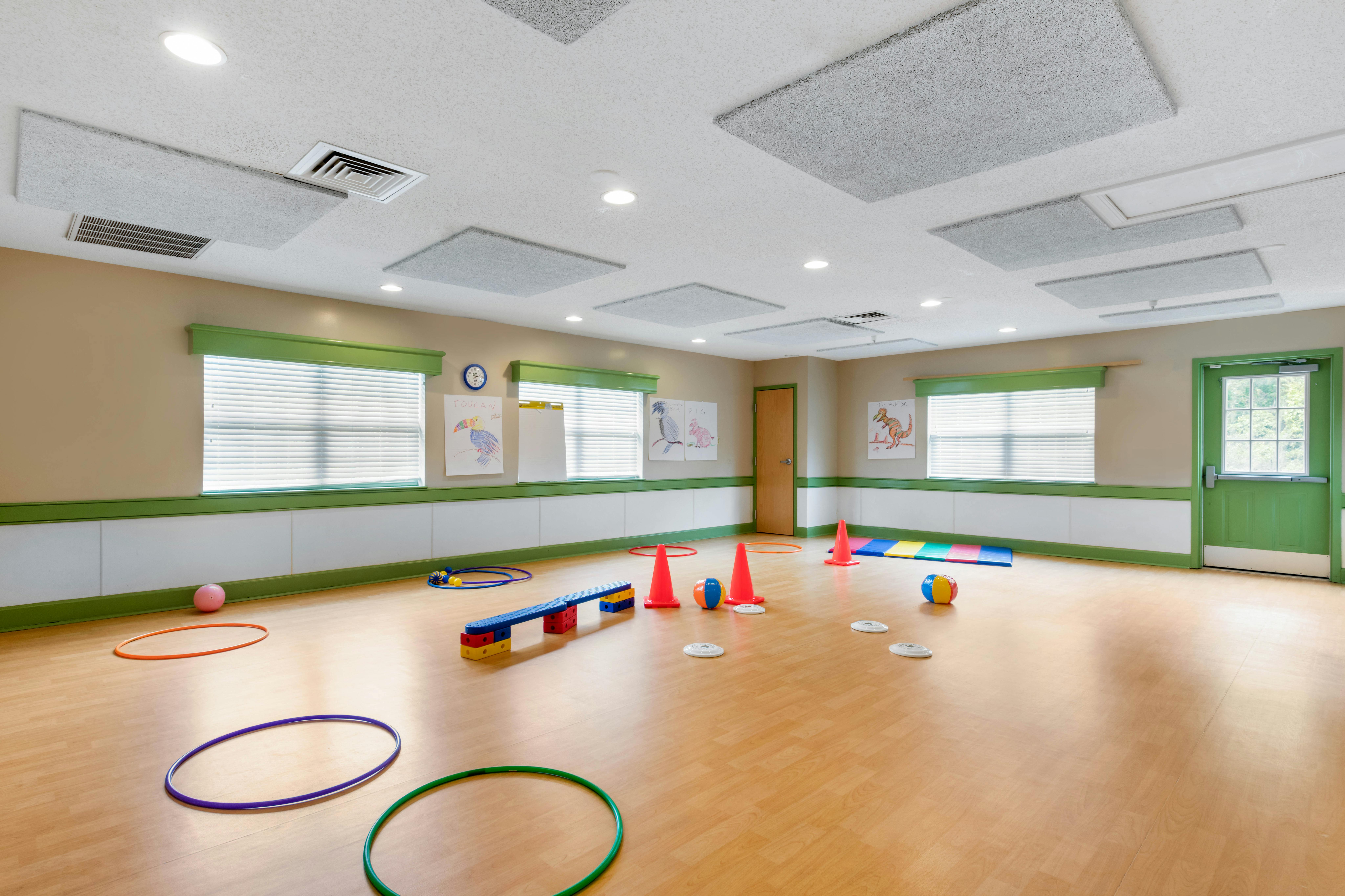 Classroom or play area with hula hoops, balls, cones, and a balance beam
