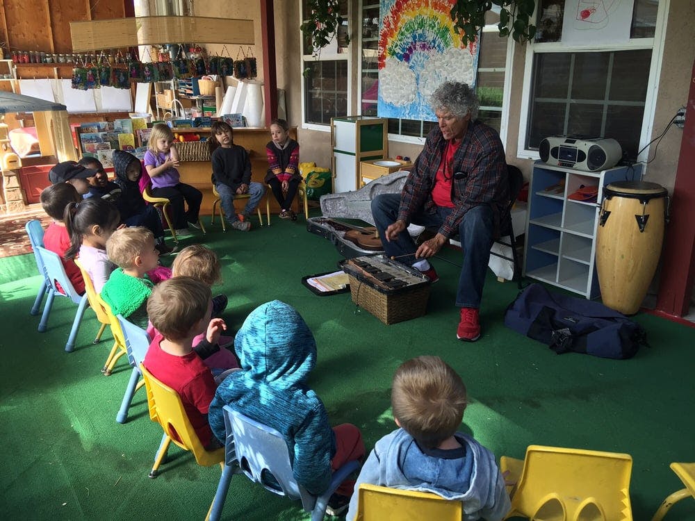 Adult playing an instrument for a group of children in a classroom