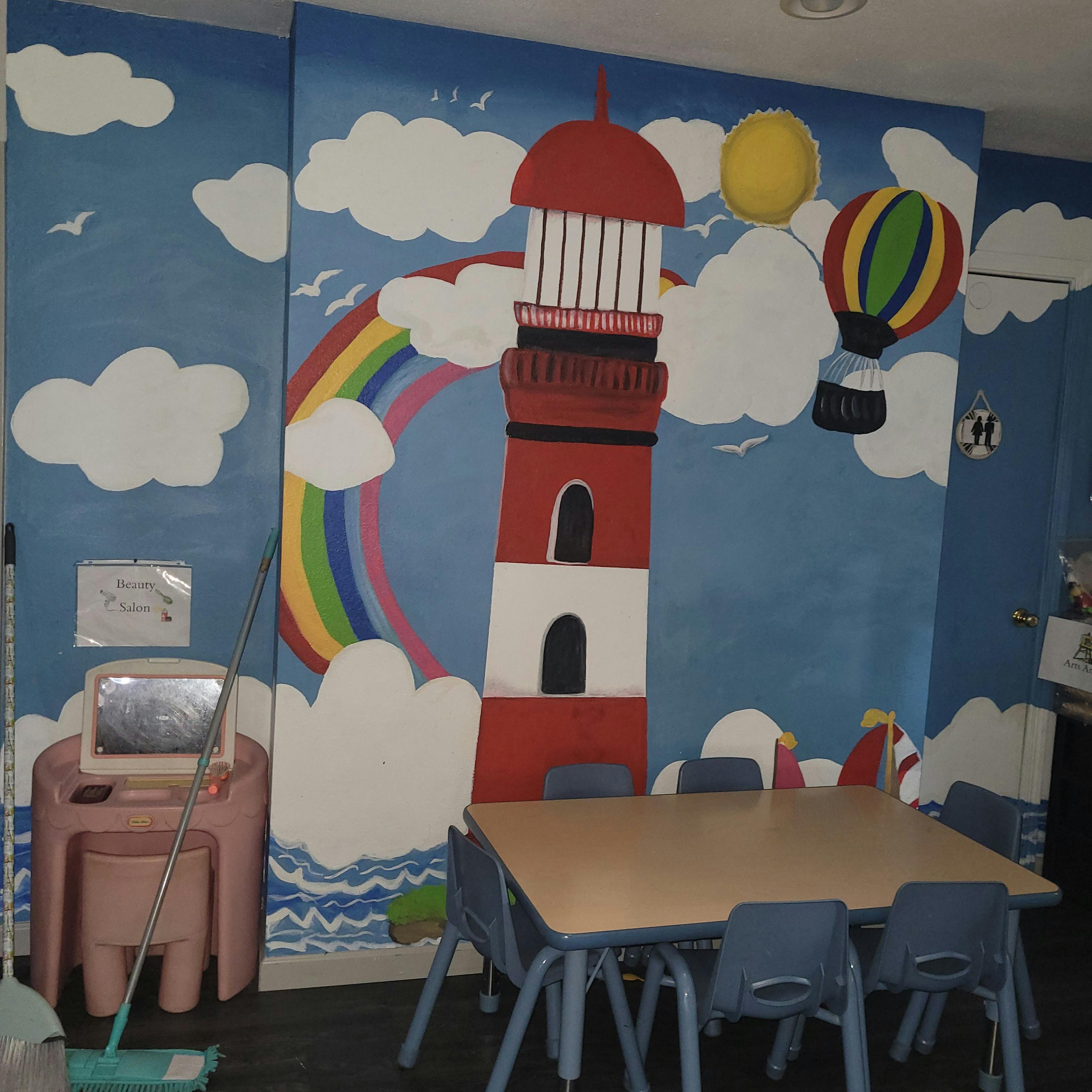 Mural of a lighthouse, rainbow, and hot air balloon in a classroom
